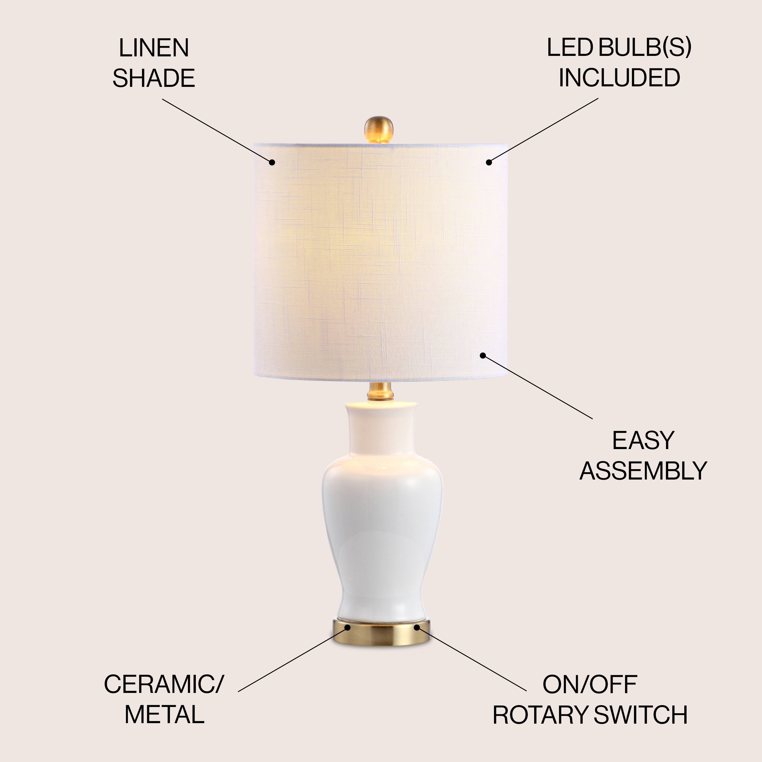 - Linen Shade
- LED Bulb(s) Included
- Easy Assembly
- Ceramic/Metal
- On/Off Rotary Switch
