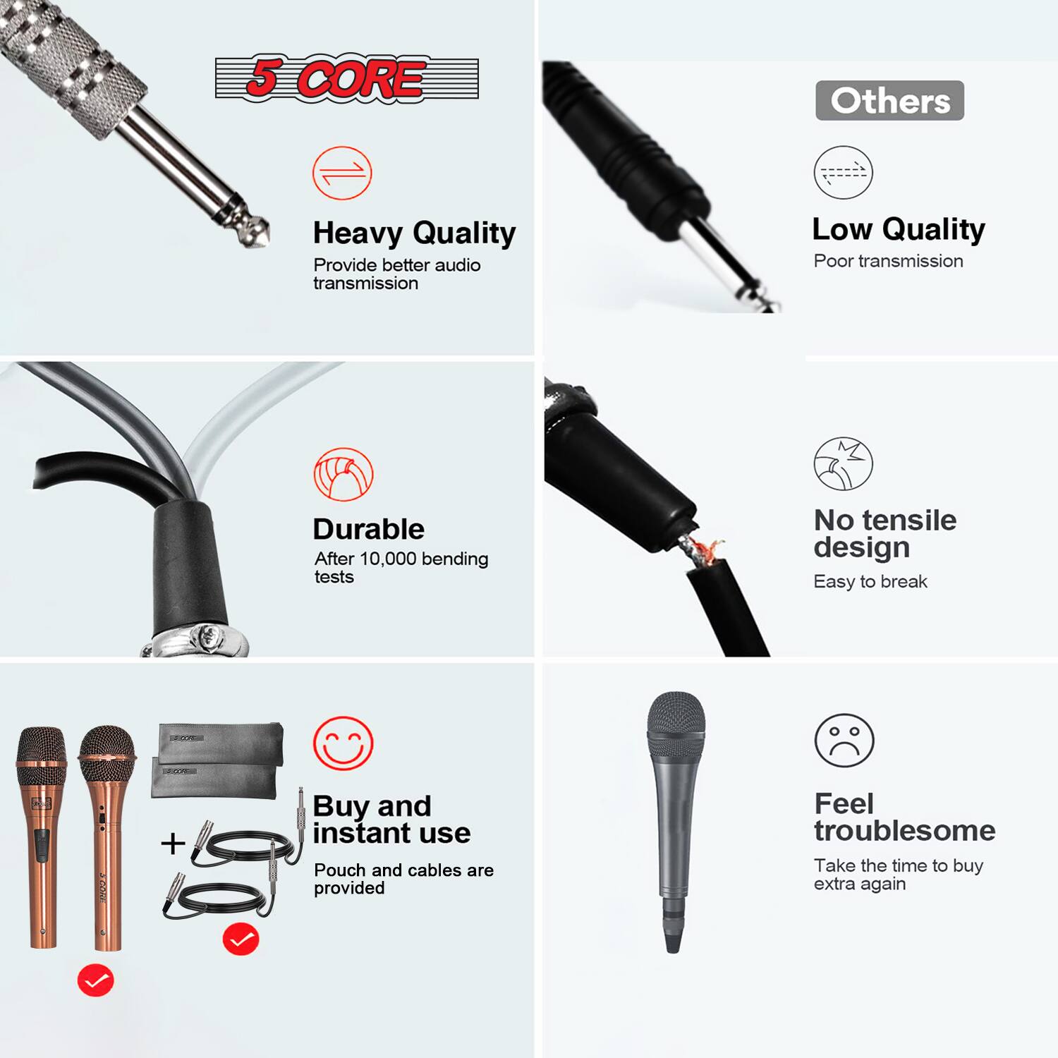 5 CORE

Heavy Quality
Provide better audio transmission

Durable
After 10,000 bending tests

Buy and instant use
Pouch and cables are provided

Others

Low Quality
Poor transmission

No tensile design
Easy to break

Feel troublesome
Take the time to buy extra again