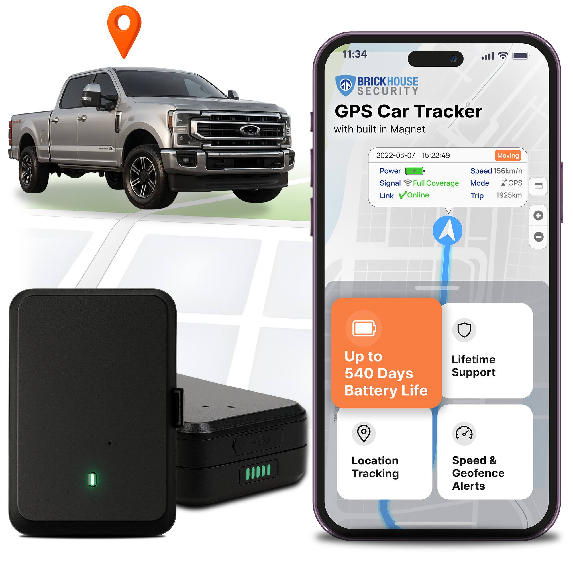 BrickHouse Security - EON Odyssey 18 Month Long-Life GPS Tracker for Vehicles & Assets - Subscription Required - Black