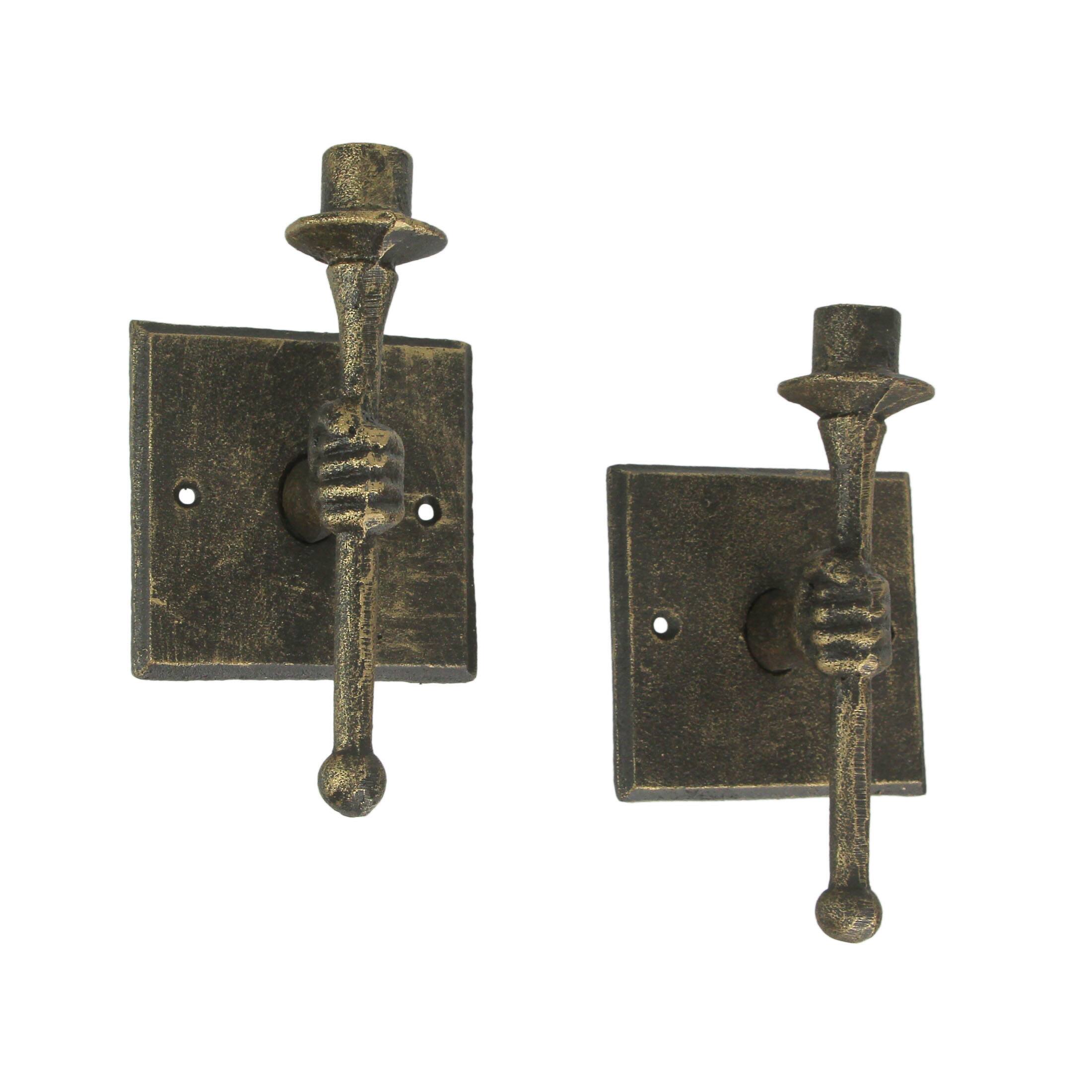 Front. Zeckos - Set of 2 Cast Iron Antique Bronze Finish Torchbearer Wall Sconce Candle Holders - Bronze.