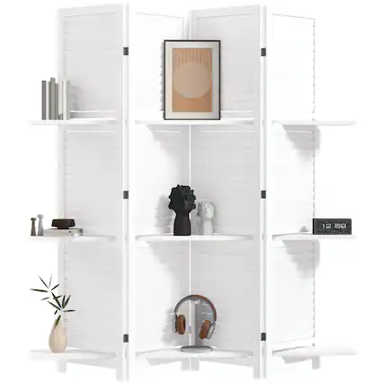 Front. Homcom - Room Divider, 4 Panel 67" Tall Wood Privacy Screen with 3 Display Shelves, and Folding Storage for Bedroom - White.