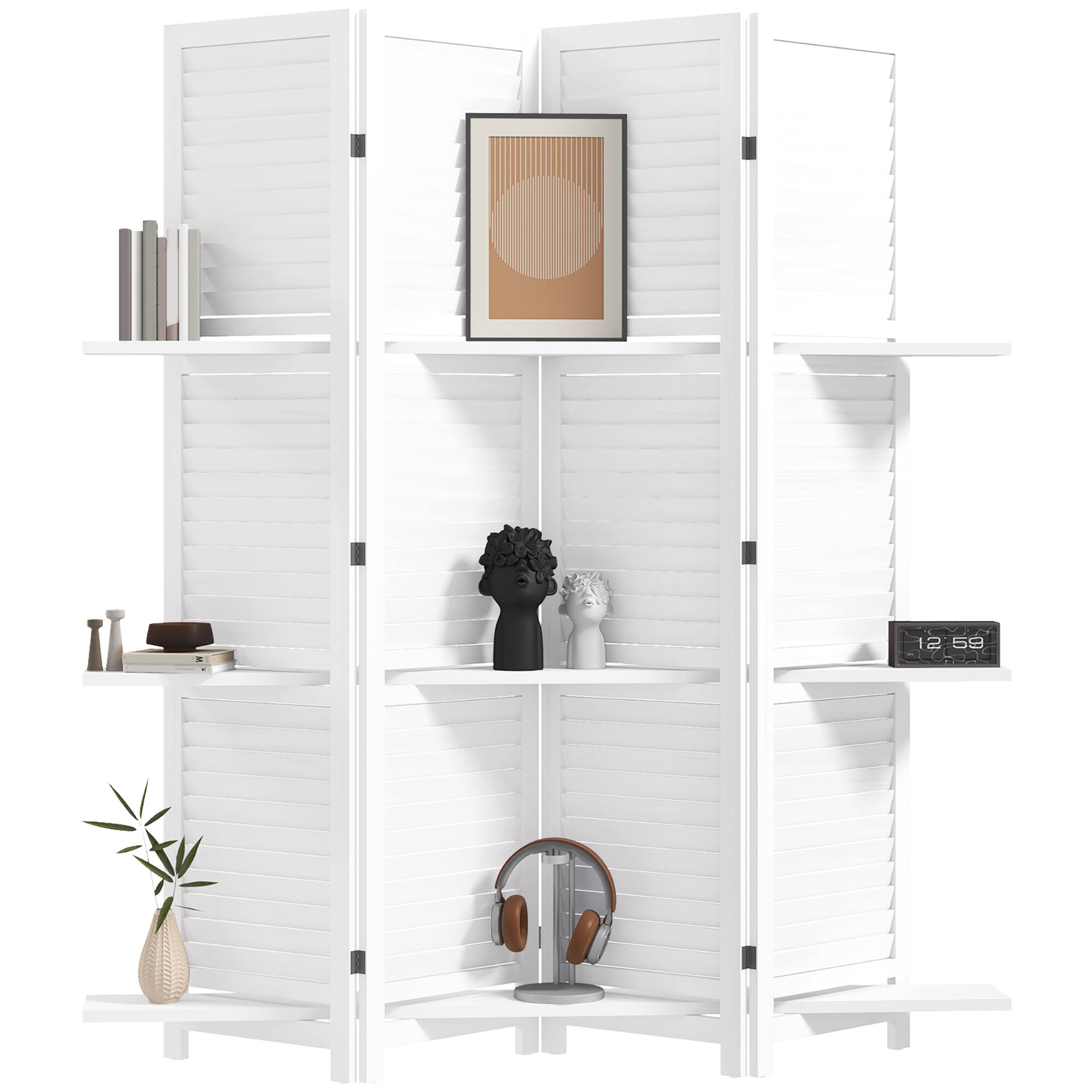 Front. Homcom - Room Divider, 4 Panel 67" Tall Wood Privacy Screen with 3 Display Shelves, and Folding Storage for Bedroom - White.