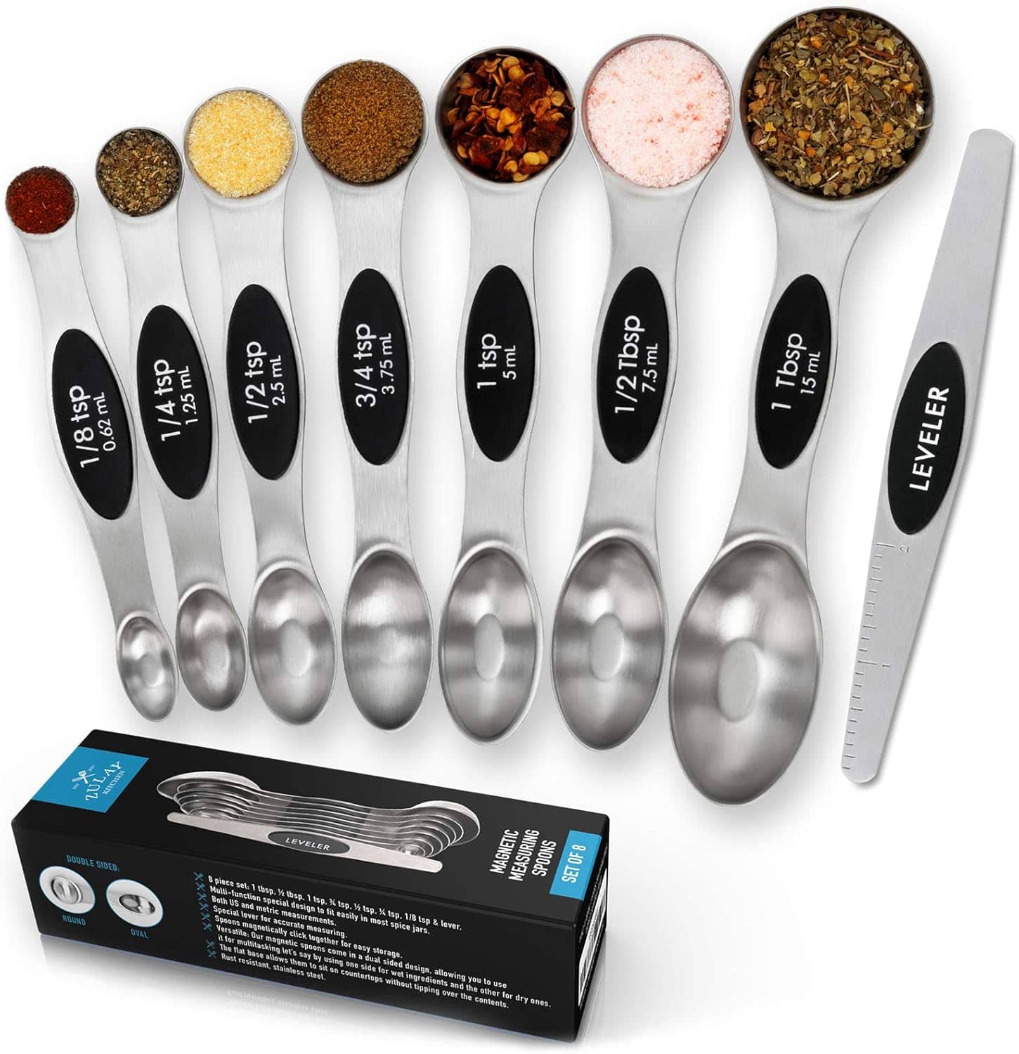 Zulay Kitchen - Premium Stainless Steel Magnetic Measuring Spoons, 8 Piece Set with Leveler - Silver