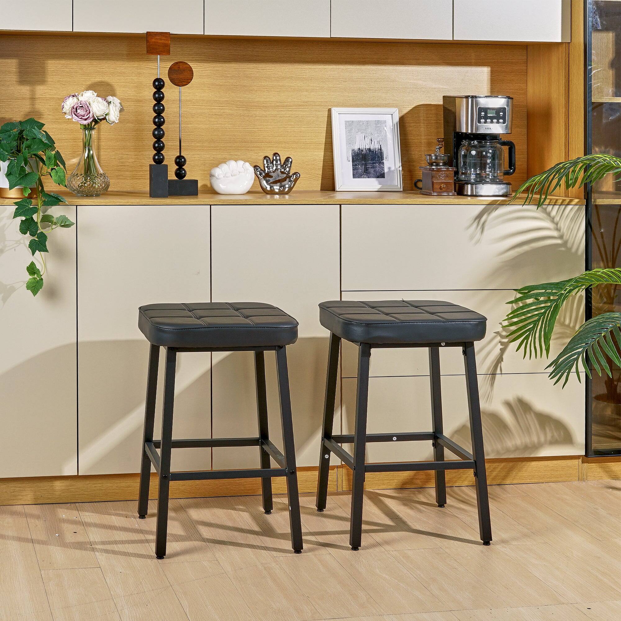 Alt View 1. Vecelo - Set of 2 PU Leather Counter Height Stools, Bar Stools for Kitchen Island with Footrest, Metal Frame - Black.