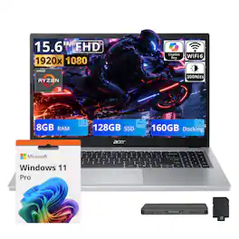 Acer - Upgraded - Aspire Go 15 15.6" FHD AI Laptop,AMD Ryzen 3 7320U,8GB RAM,128GB SSD+160GB Dock,AMD Radeon 610M,Win11 Pro - Silver