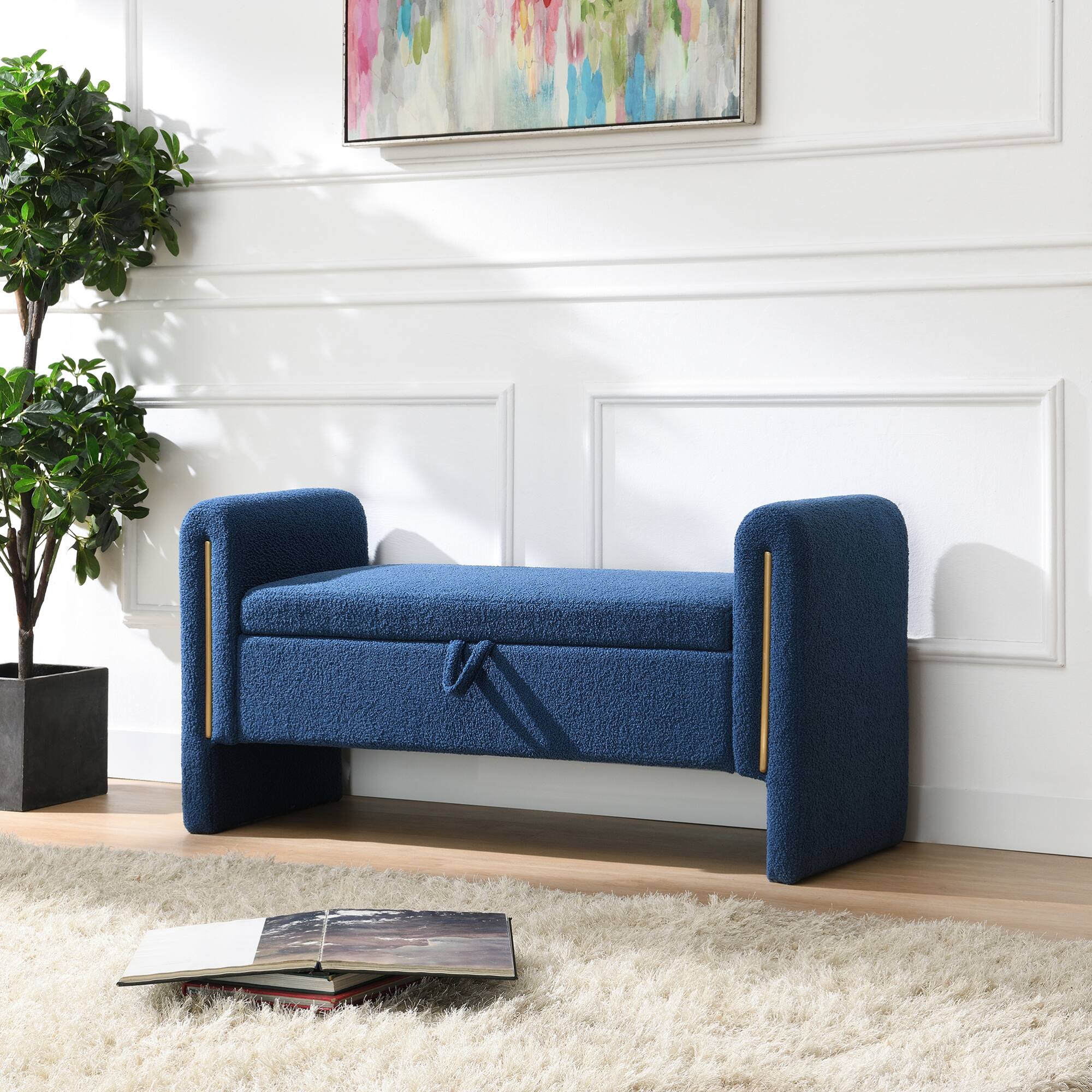 Angle. GOODSILO - Modern Upholstered Storage Bench with Arms, Large Foot Rest Stool for Living Room and Bedroom - Navy Blue.