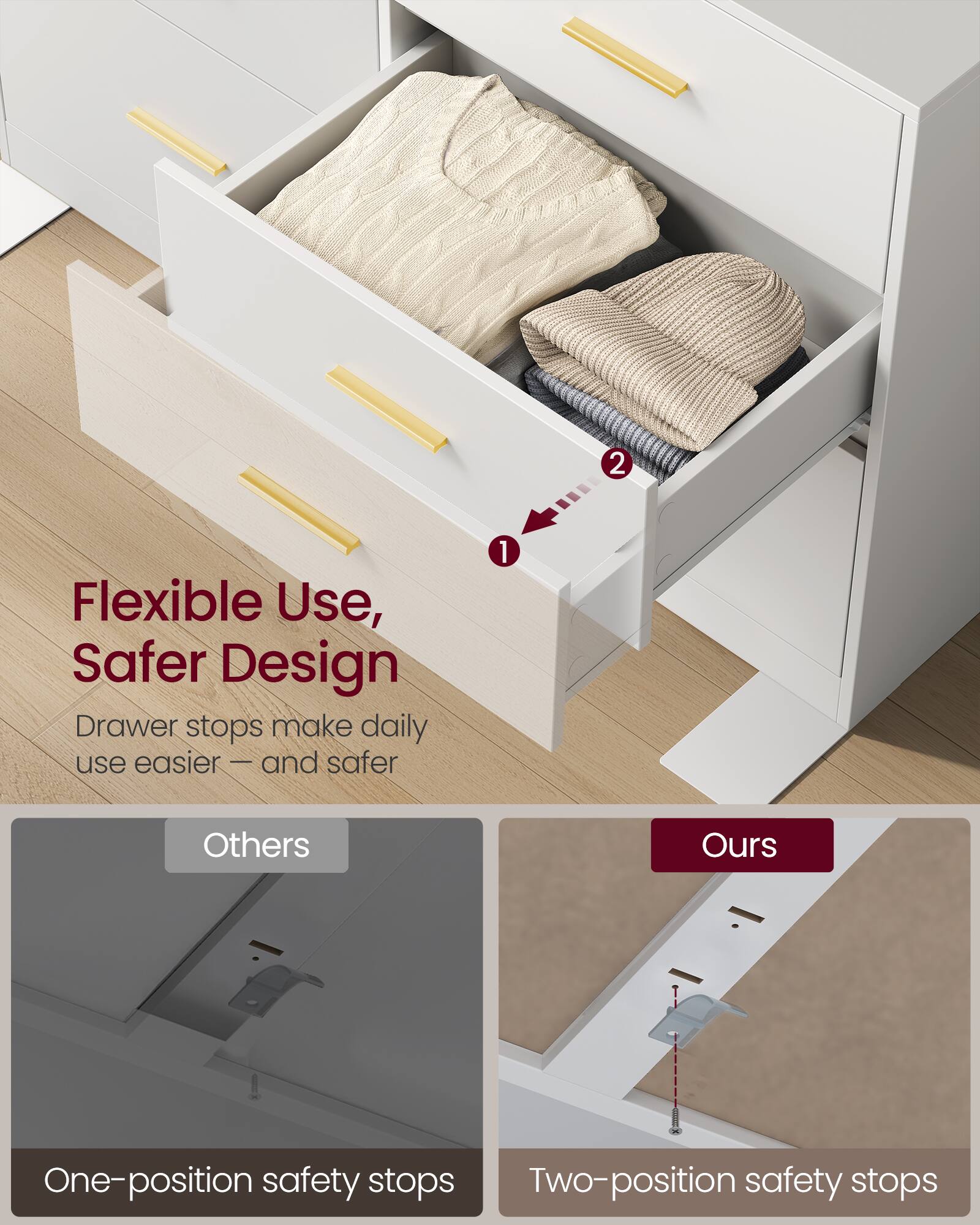 2 Flexible Use, Safer Design Drawer stops make daily use easier - and safer

1 Others
One-position safety stops

2 Ours
Two-position safety stops