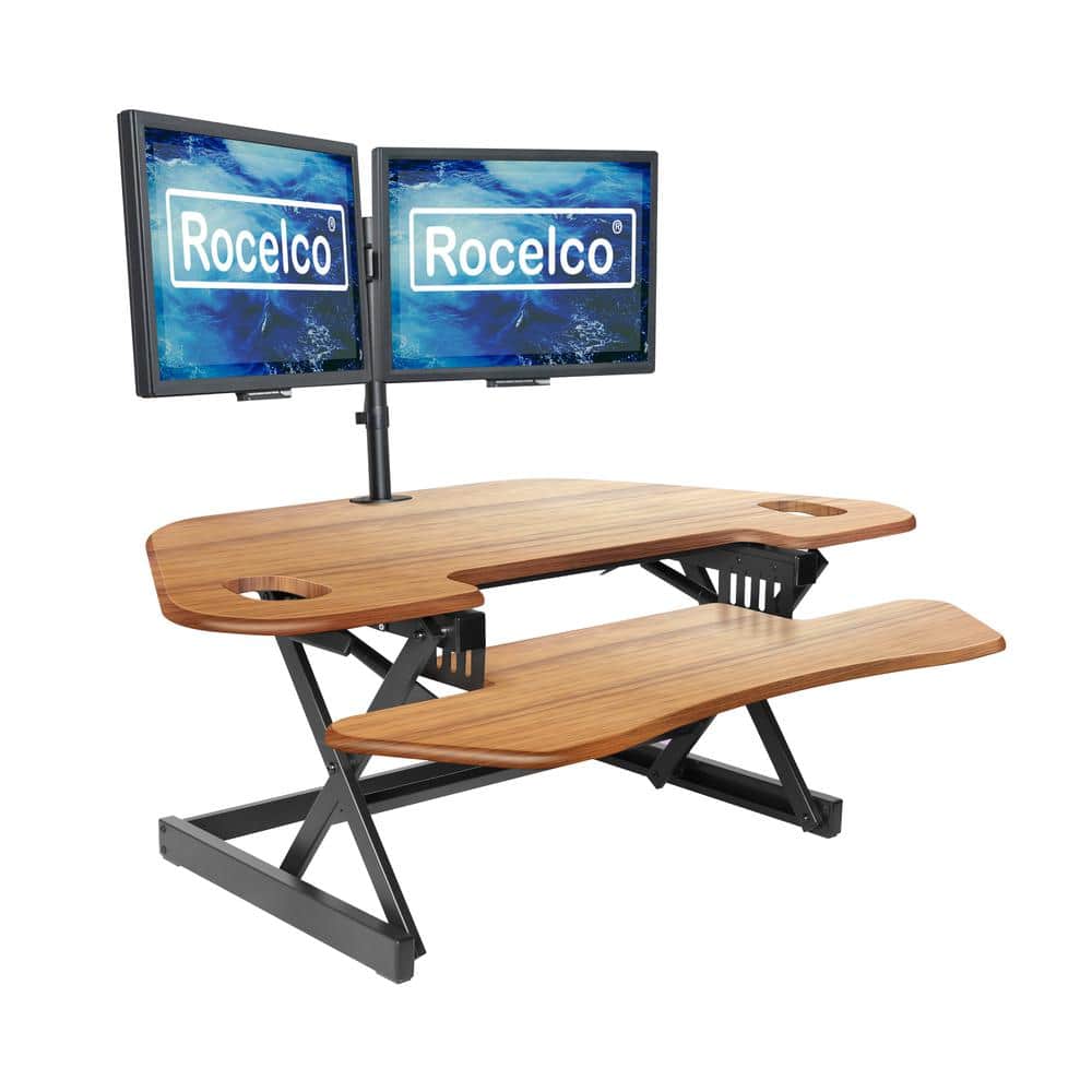 Rocelco - 46" Large Height Adjustable Corner Standing Desk Converter, Dual Monitor Riser, Wide Keyboard Tray - Brown