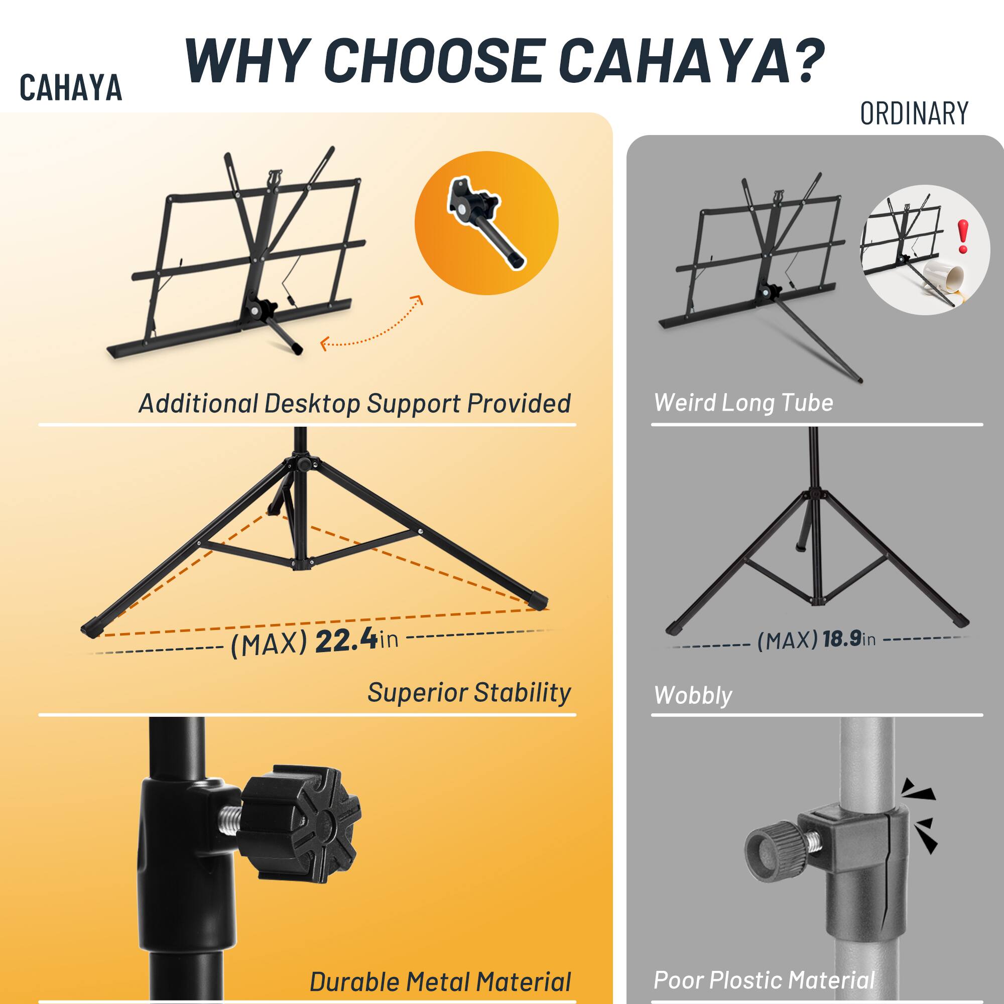 WHY CHOOSE CAHAYA?

CAHAYA
- Additional Desktop Support Provided
- (MAX) 22.4 in
- Superior Stability
- Durable Metal Material

ORDINARY
- Weird Long Tube
- (MAX) 18.9 in
- Wobbly
- Poor Plastic Material