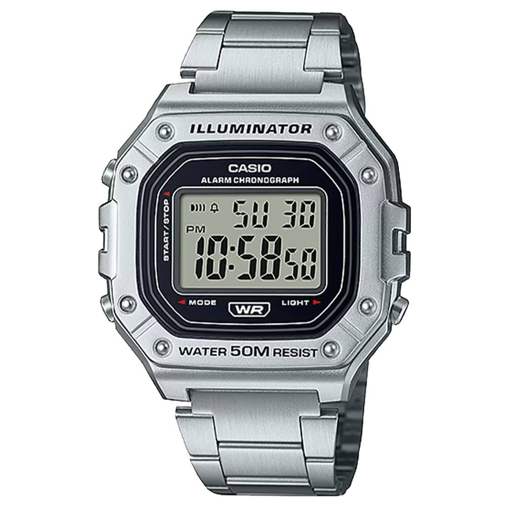 ILLUMINATOR  
CASIO  
ALARM CHRONOGRAPH  
50 30  
10:58:50  
PM  
MODE  
LIGHT  
WR  
WATER 50M RESIST