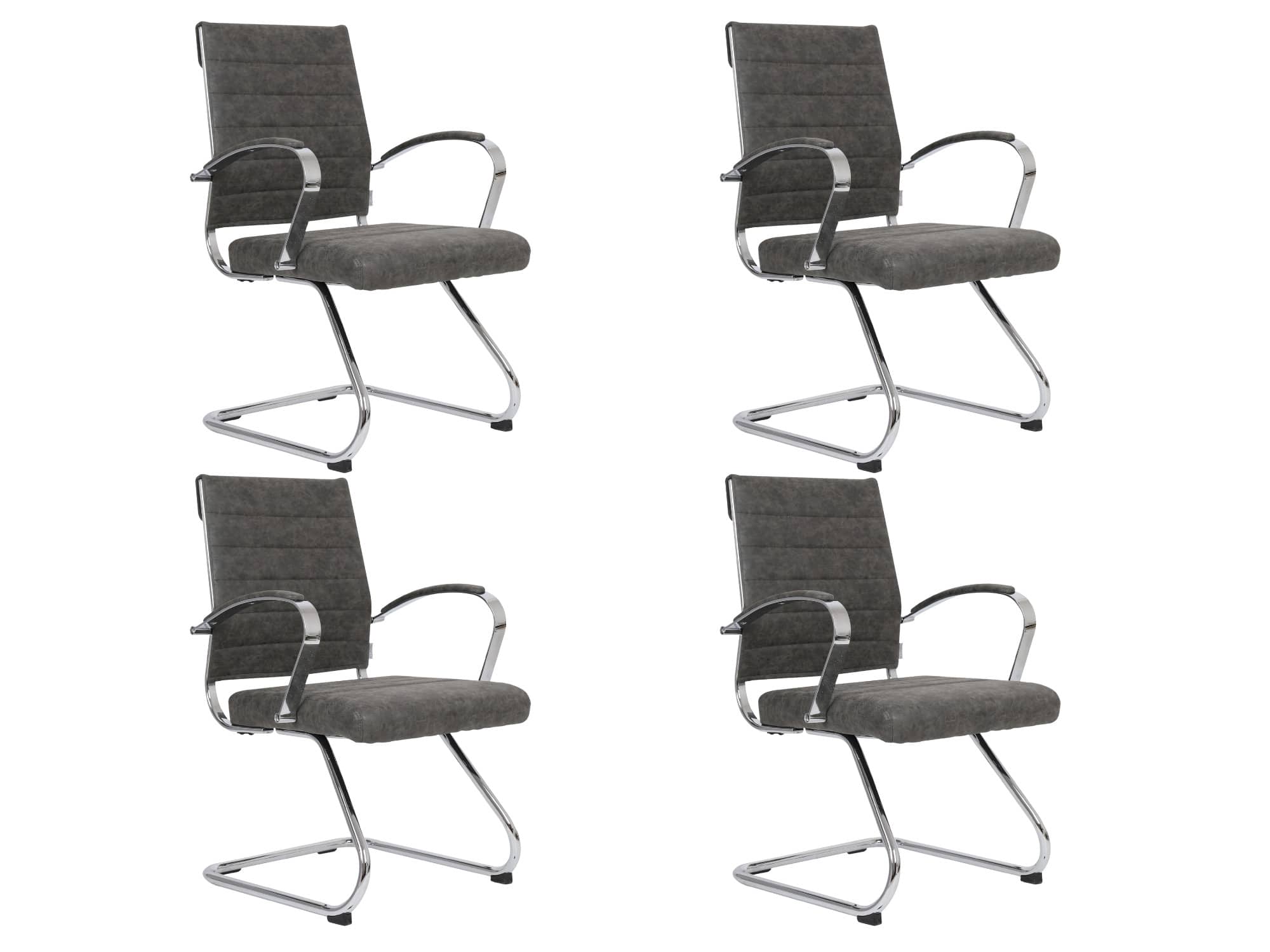 LeisureMod - Set of 4 Benmar Modern Leather Upholstered Office Desk Chair with Padded Armrests and Chrome Frame for Home or Office - Charcoal
