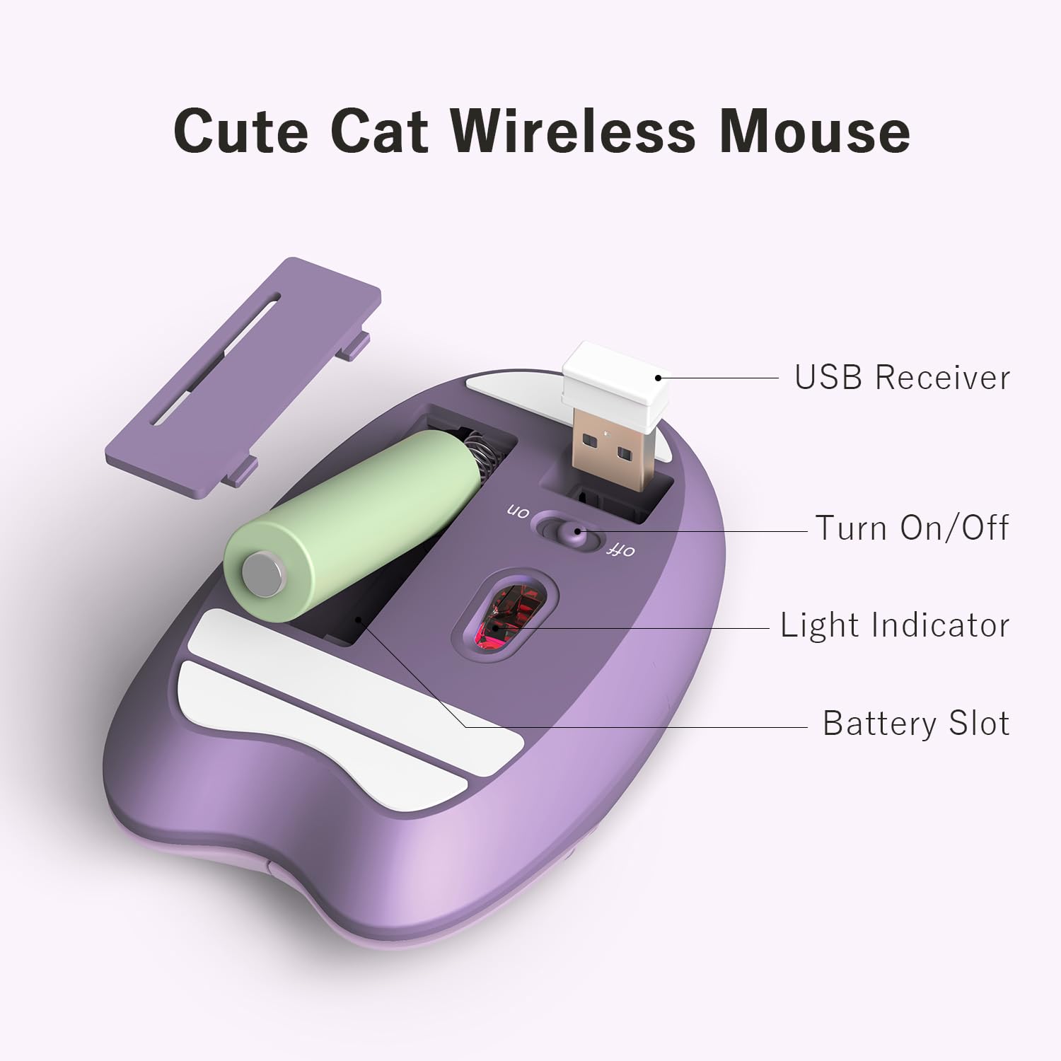 Cute Cat Wireless Mouse

- USB Receiver
- Turn On/Off
- Light Indicator
- Battery Slot