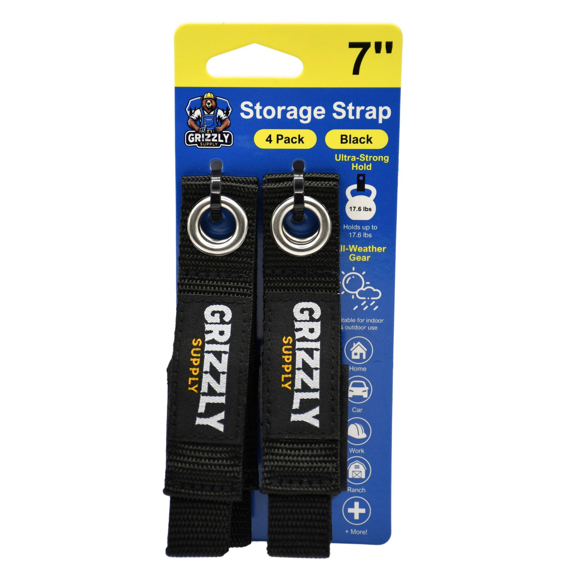7" Storage Strap GRIZZLY 4 Pack Black B... SUPPLY Ultra-Strong Hold 17.6 lbs Holds up to 17.6 lbs Il-Weather Gear table for indoor and outdoor use SUPPLY GRIZZLY Home Car Work Ranch + More!