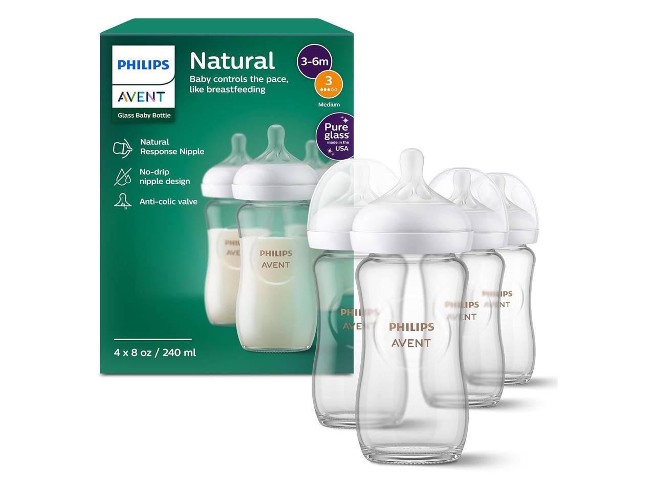 PHILIPS AVENT
Natural
3-6m
Baby controls the pace, like breastfeeding
Glass Baby Bottle
Natural Response Nipple
No-drip nipple design
Anti-colic valve
Pure glass made in the USA
4 x 8 oz / 240 ml
Medium
