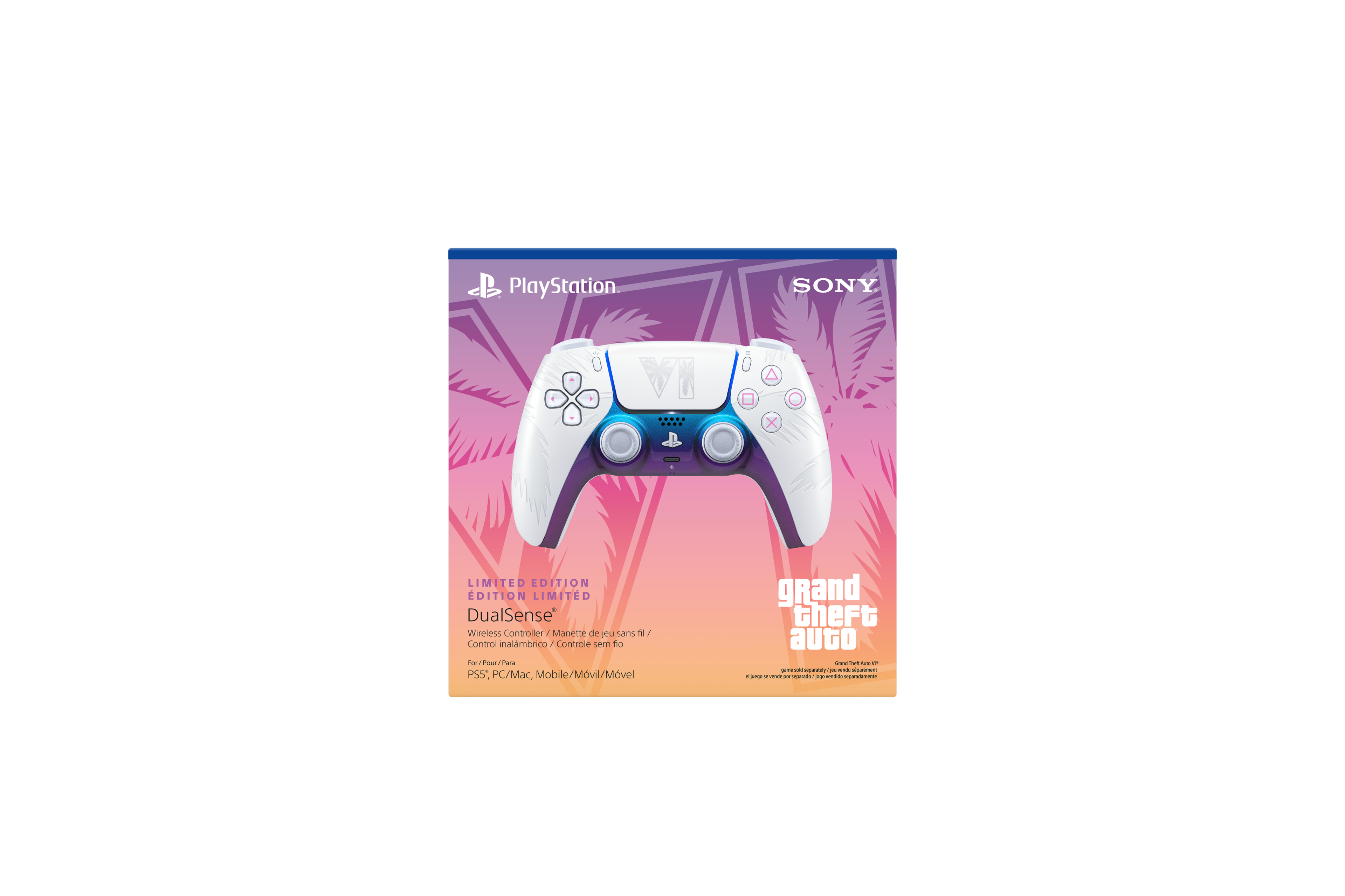 B PlayStation  
SONY  
VI  
LIMITED EDITION EDITION LIMITED DualSense Wireless Controller 1 Manette de jeu sans fil / Control inalámbrico / Controle sem fio  
For/Pour/Para PS5. PC/Mac, Mobile/Movil/Movel  
grand theft auto - Tomin - - - - www.com.com/wher.com - - - m.kumus - vermin - DEPOCIENCE