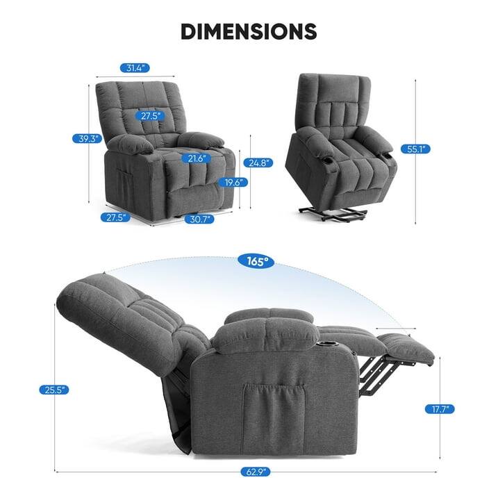 DIMENSIONS  
31.4" 27.5" 39.3" 21.6" 24.8" 55.1" 19.6" 27.5" 30.7" 165° 25.5" 17.7" 62.9"