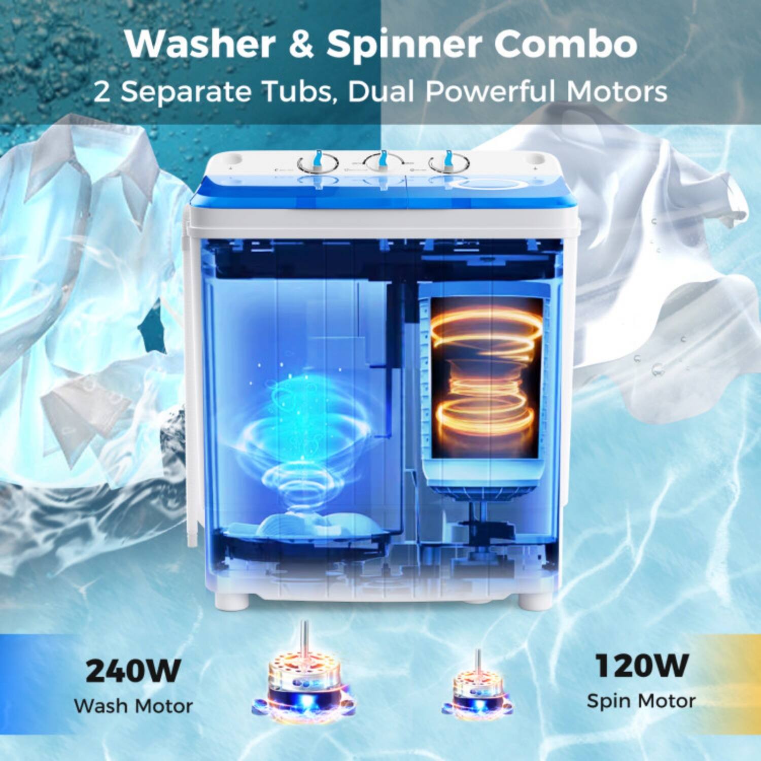 Washer & Spinner Combo  
2 Separate Tubs, Dual Powerful Motors  
240W Wash Motor  
120W Spin Motor