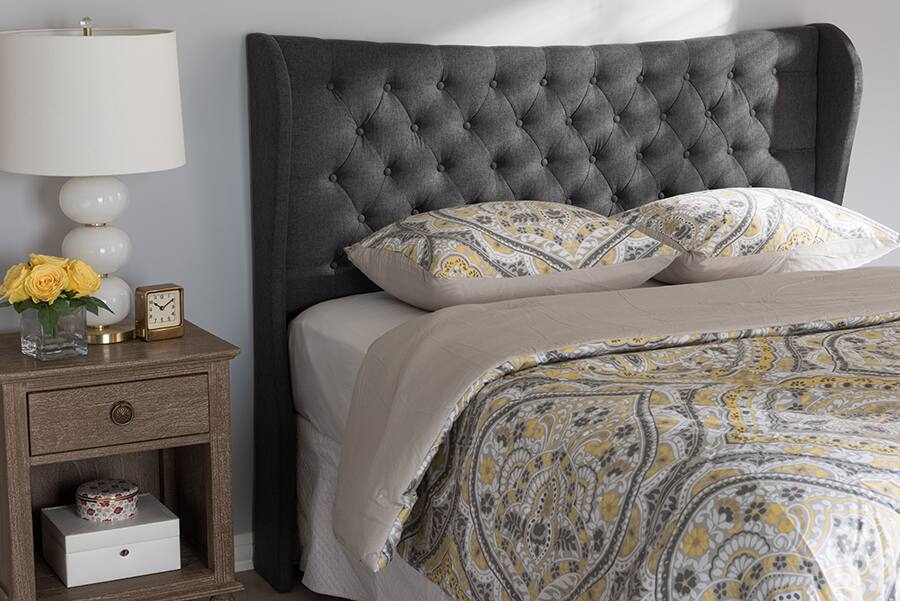 Angle. Baxton Studio - Cadence Modern and Contemporary Fabric Button-Tufted King Size Winged Headboard - Dark Grey.