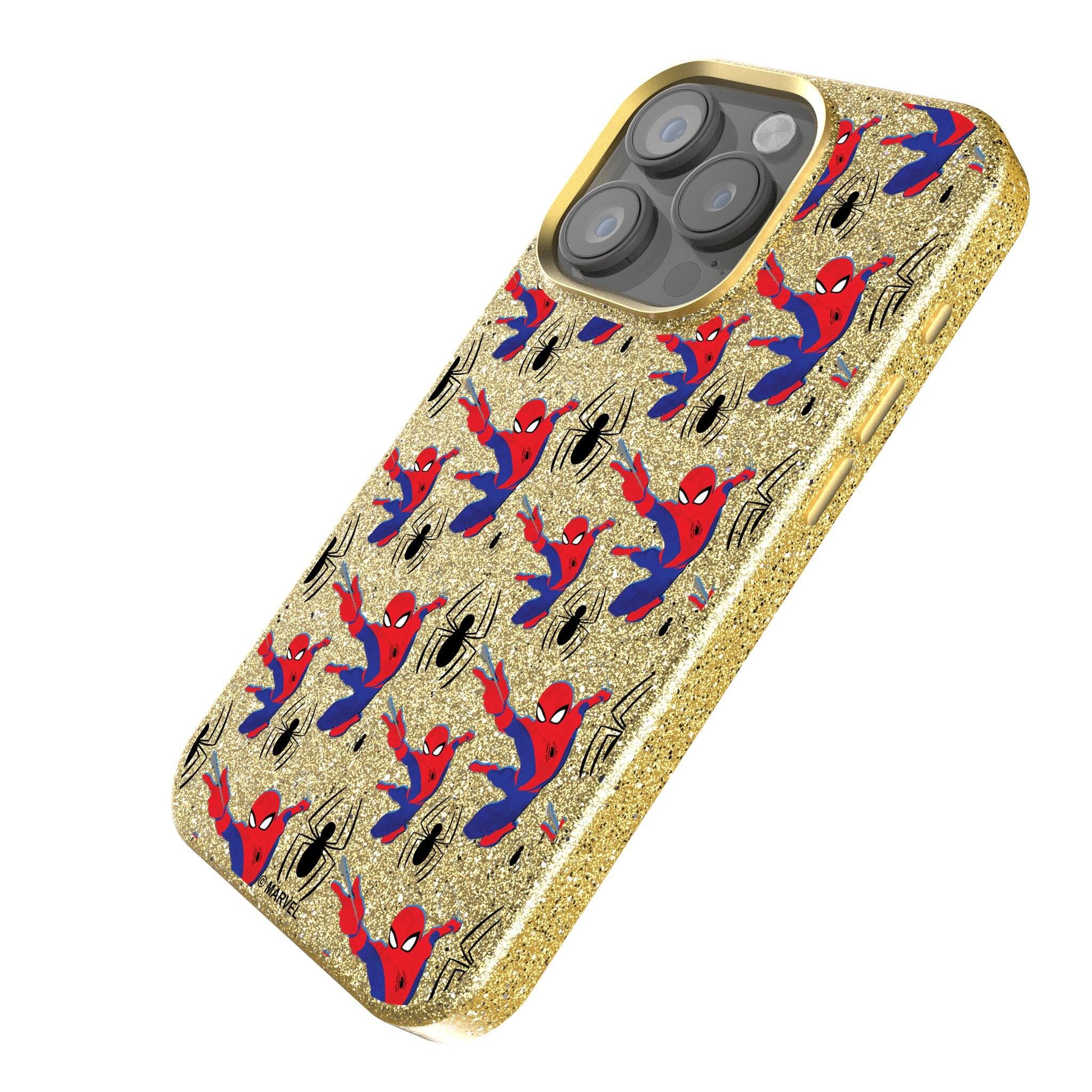Angle. Keyscaper - Marvel Pattern Gold Bling Phone Case - Apple iPhone 16 Pro Max - Spider-Man.