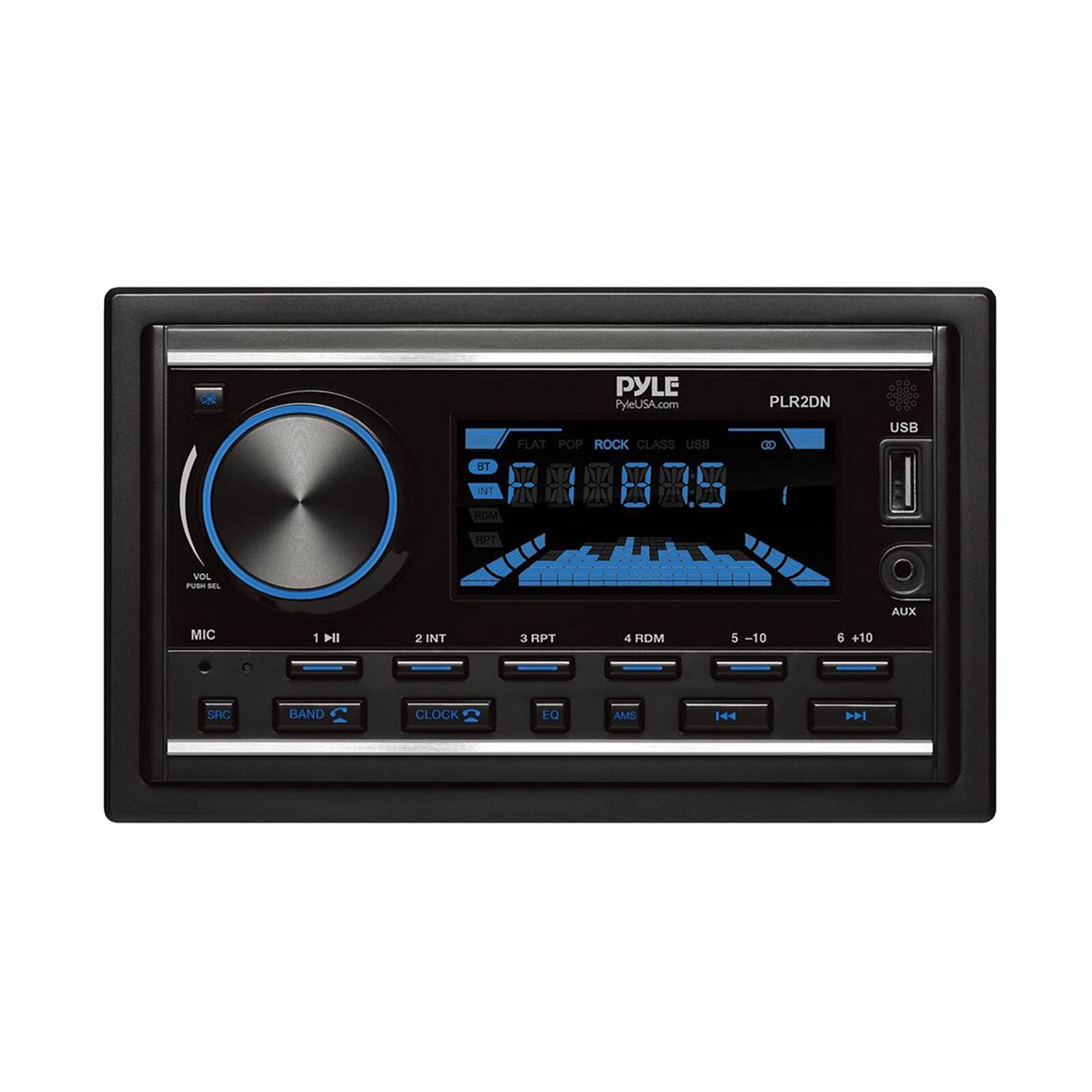 PYLE PyleUSA.com FLAT POP ROCK CLASS USB PLR2DN C USB aT INT ROM N U RPT VOL PUtn M AUX MIC 1 ll 2 INT 3 RPT 4 RDM 5 -10 6 +10 SHC RAND CLOCK LQ AMS