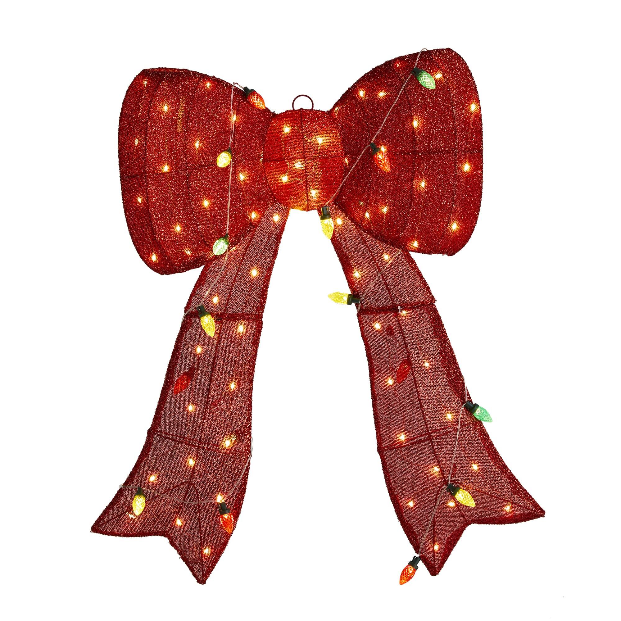 Angle. Glitzhome - 35.75"H Lighted 3D Fabric Bow Outdoor Decor with 95 LED Lights - Red.