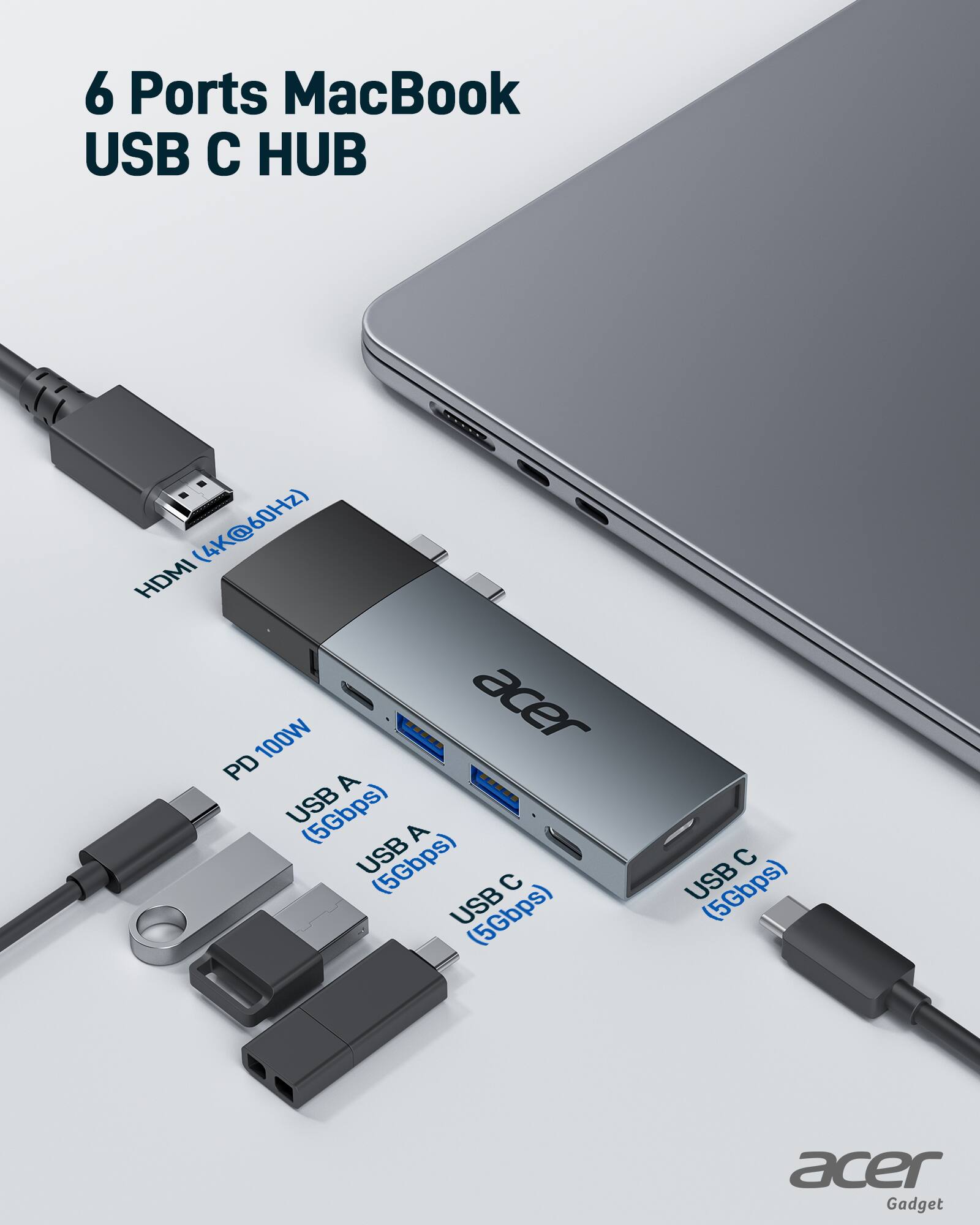 6 Ports MacBook USB C HUB

- HDMI (4K@60Hz)
- PD 100W
- USB A (5Gbps)
- USB A (5Gbps)
- USB C (5Gbps)
- USB C (5Gbps)

acer Gadget