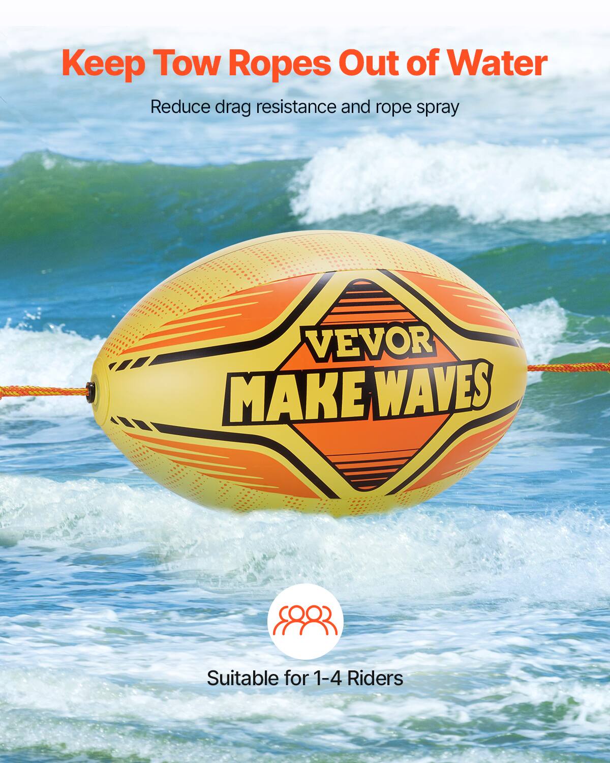 Keep Tow Ropes Out of Water, Reduce drag resistance and rope spray, VEVOR MAKE WAVES, Suitable for 1-4 Riders