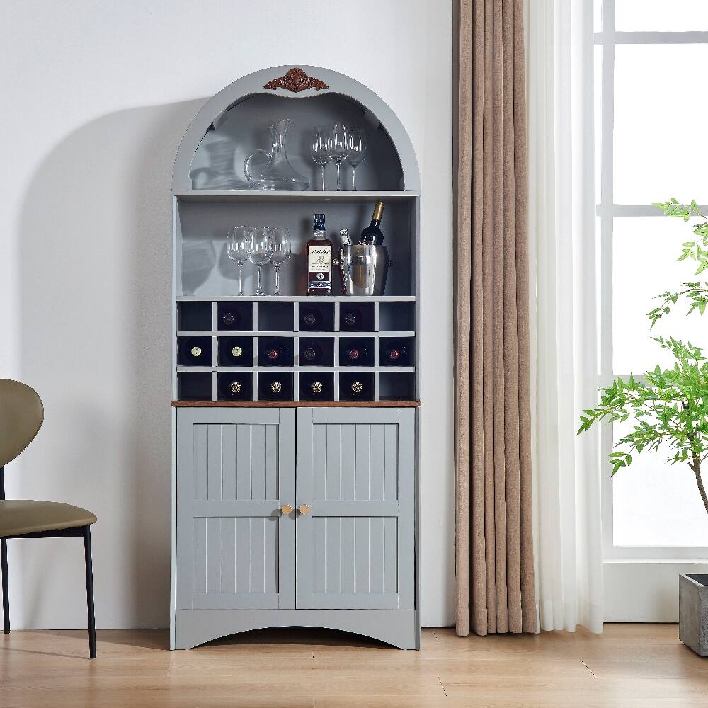 Front. Loheer - Loheer Arched Wood Wine Cabinet Freestanding Liquor Bar Cabinet with Adjustable Shelves Dark Gray - Dark Grey.