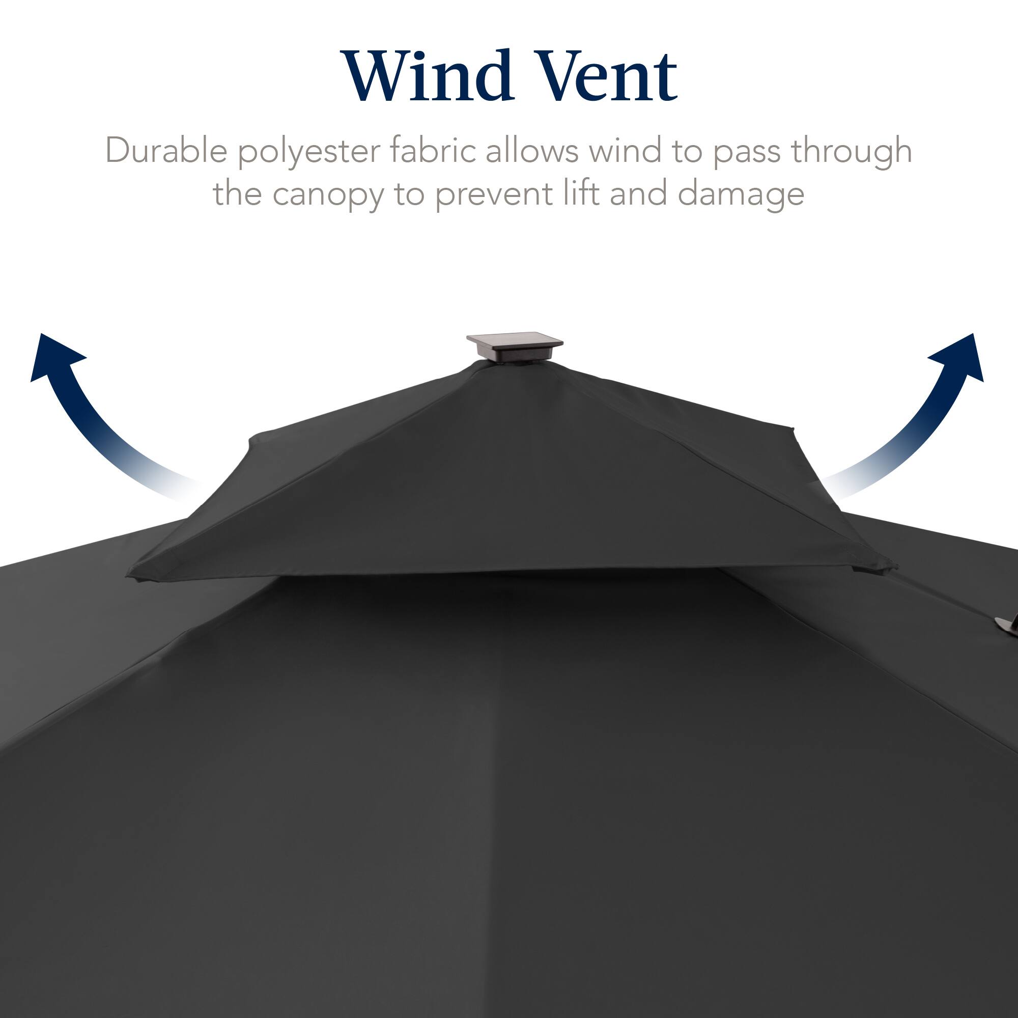 Wind Vent  
Durable polyester fabric allows wind to pass through the canopy to prevent lift and damage