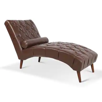 Front. Boyel Living - Mid-Century Modern Faux Leather Tufted Chaise Lounge with Pillow - Brown and Walnut.