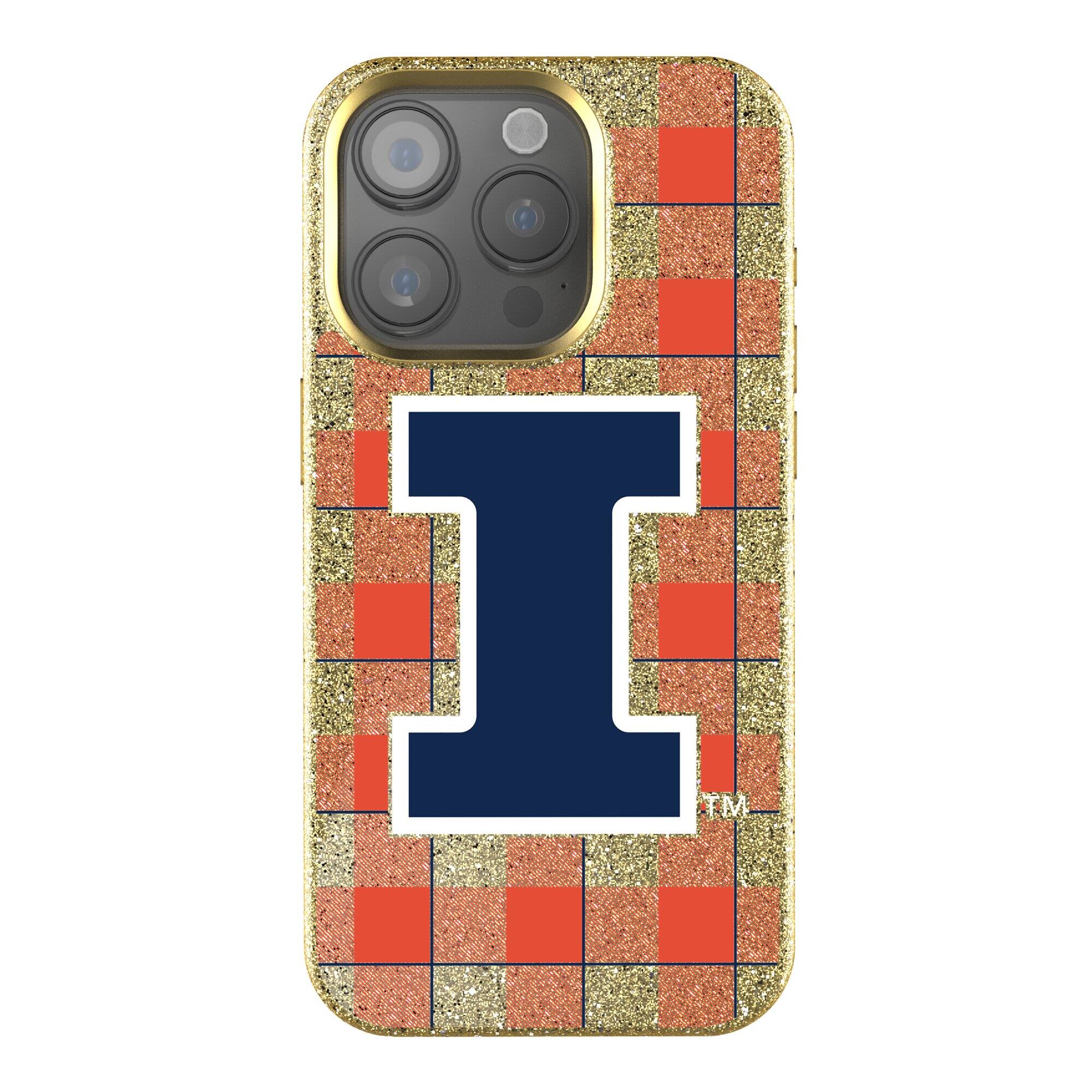 Front. Keyscaper - Illinois Fighting Illini Plaid Bling iPhone Case - 16 Pro - Gold.