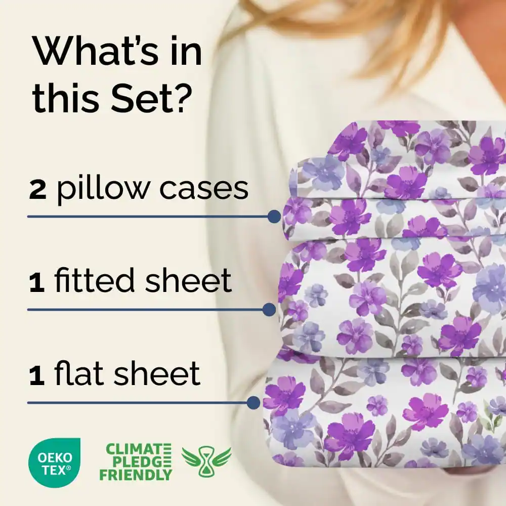 What's in this Set?

2 pillow cases

1 fitted sheet

1 flat sheet

CLIMATE PLEDGE FRIENDLY

OEKO TEX
