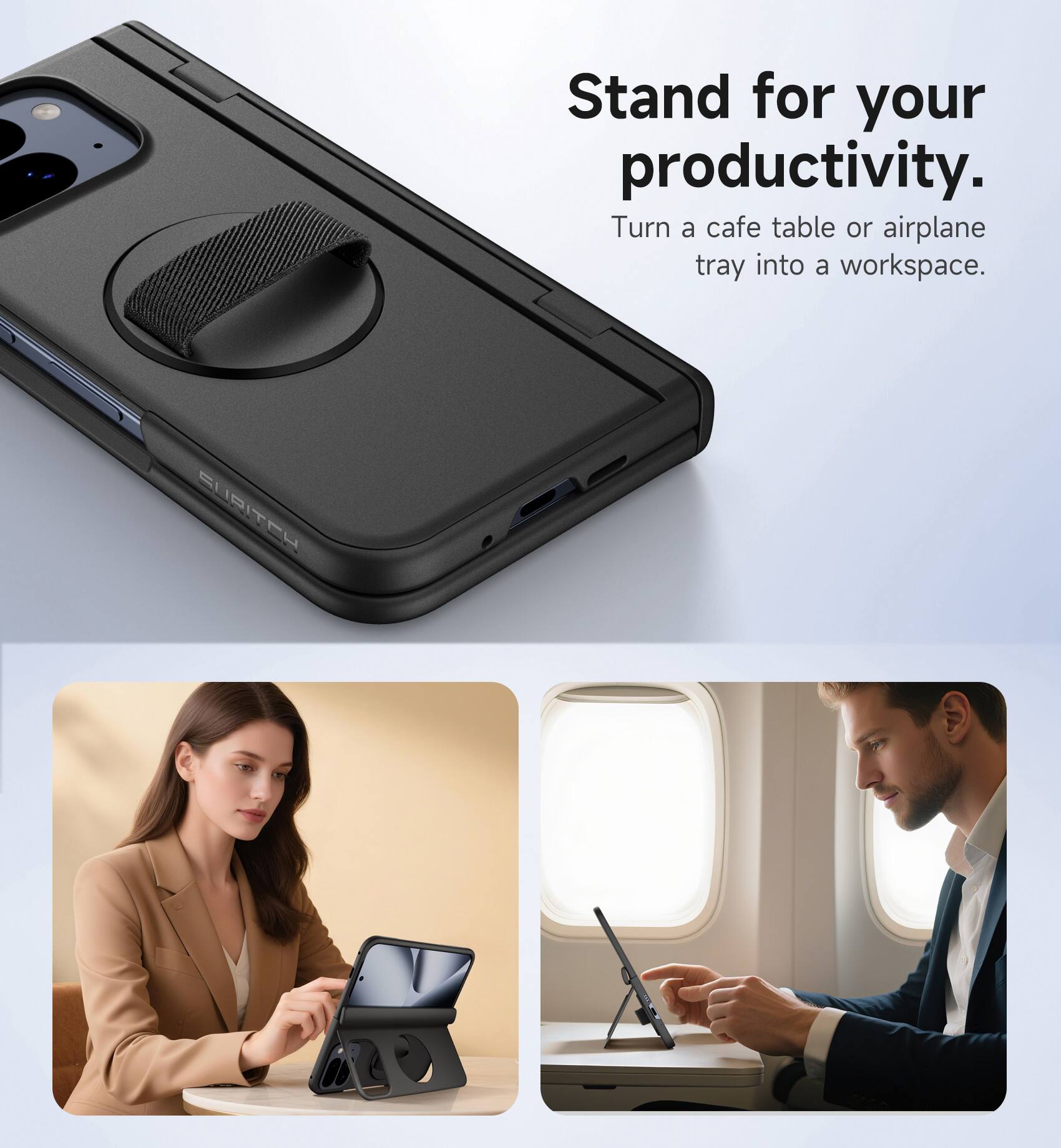 Stand for your productivity.  
Turn a cafe table or airplane tray into a workspace.