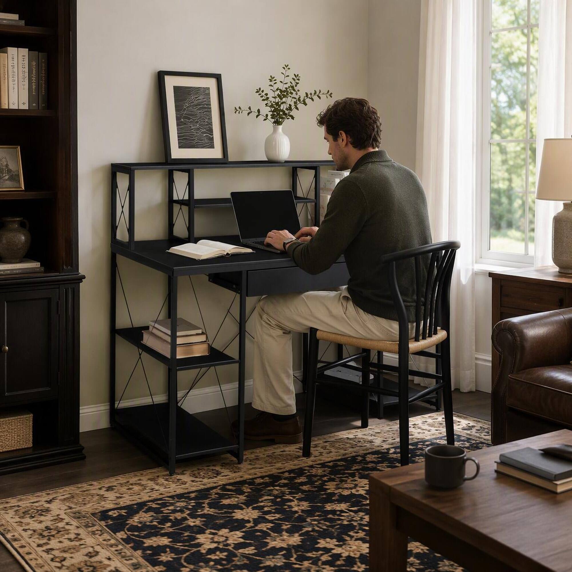 Angle. RYHNUYNE - Black Office Desk, 47.5 in Wide Wood Top, Open Shelves, Hutch, Drawer, Metal Sled Base, 8 Compartments - Black.