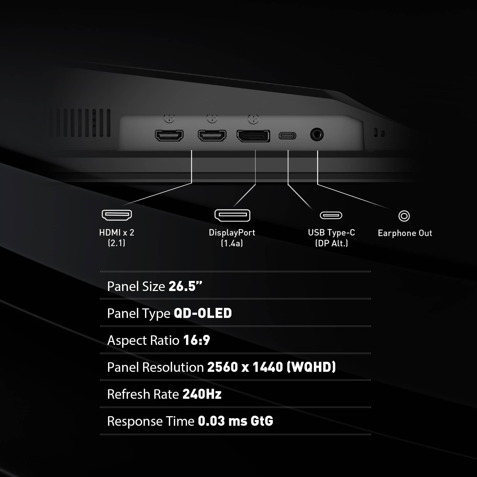 The text on the image is already grouped and correctly written. It reads:
HDMI x 2 (2.1) DisplayPort (1.4a) USB Type-C (DP Alt.) Earphone Out Panel Size 26.5" Panel Type QD-OLED Aspect Ratio 16:9 Panel Resolution 2560 x 1440 (WQHD) Refresh Rate 240Hz Response Time 0.03 ms GtG