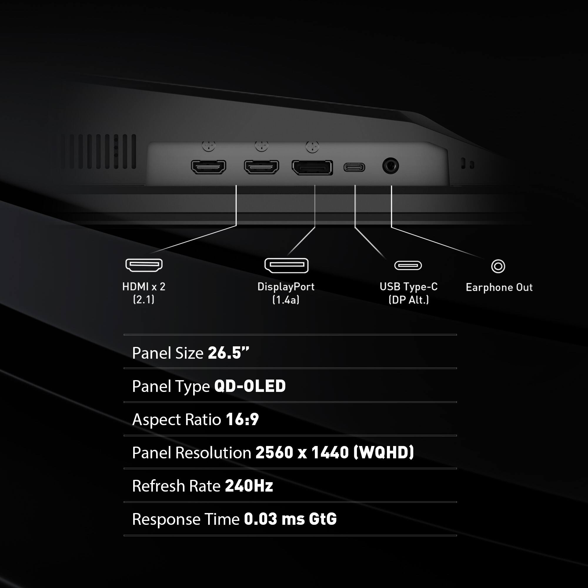 The text on the image is already grouped and correctly written. It reads:

HDMI x 2 (2.1) DisplayPort (1.4a) USB Type-C (DP Alt.) Earphone Out Panel Size 26.5" Panel Type QD-OLED Aspect Ratio 16:9 Panel Resolution 2560 x 1440 (WQHD) Refresh Rate 240Hz Response Time 0.03 ms GtG