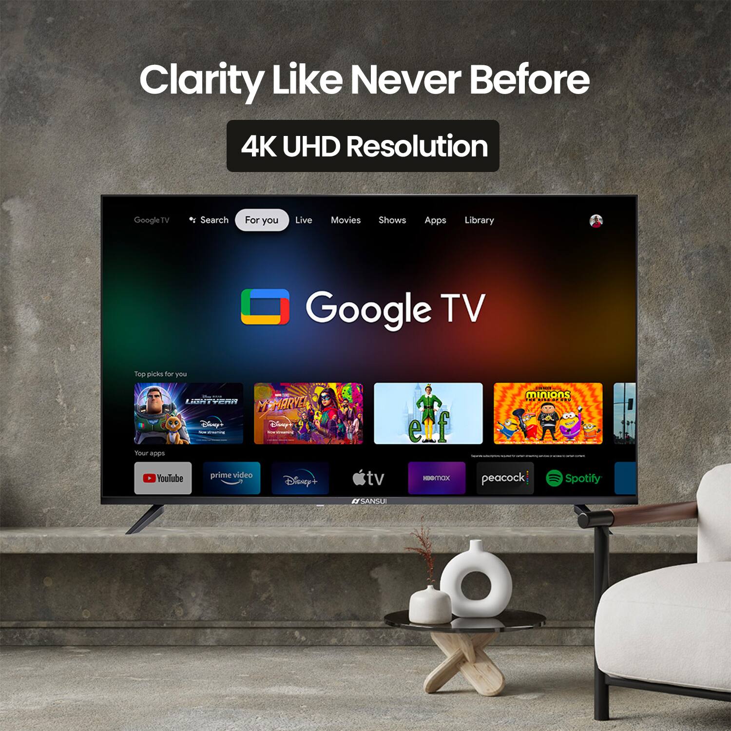 Clarity Like Never Before  
4K UHD Resolution  

Google TV  
Search For you  
Live Movies Shows Apps Library  

Top picks for you  
- Lightyear  
- Marvel  
- Elf  
- Minions  

Your apps  
- YouTube  
- Prime Video  
- Disney+  
- Apple TV  
- HBO Max  
- Peacock  
- Spotify  

LG NTVEAN MEMARVE  
Disney+  
Your apps e enf i minions