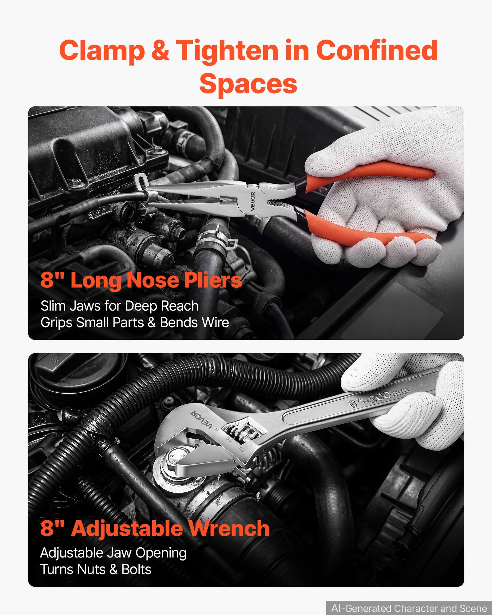 Clamp & Tighten in Confined Spaces

VEVOR
8" Long Nose Pliers Slim Jaws for Deep Reach Grips Small Parts & Bends Wire

VEVOR
8" Adjustable Wrench Adjustable Jaw Opening Turns Nuts & Bolts

AI-Generated Character and Scene