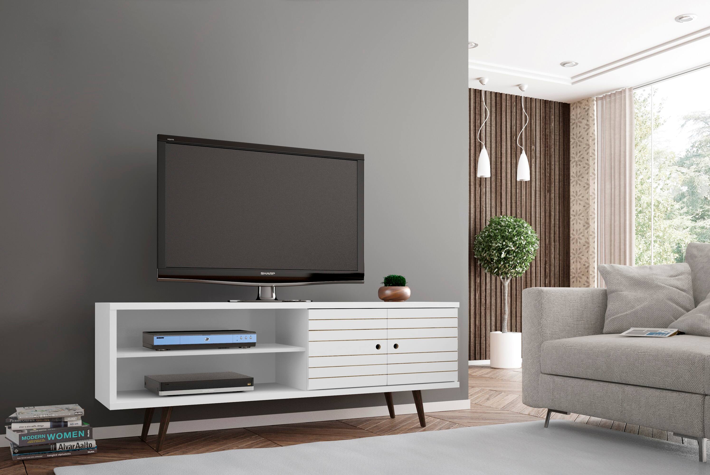 Angle. TinyHomie - 63in TV Stand in White - White.