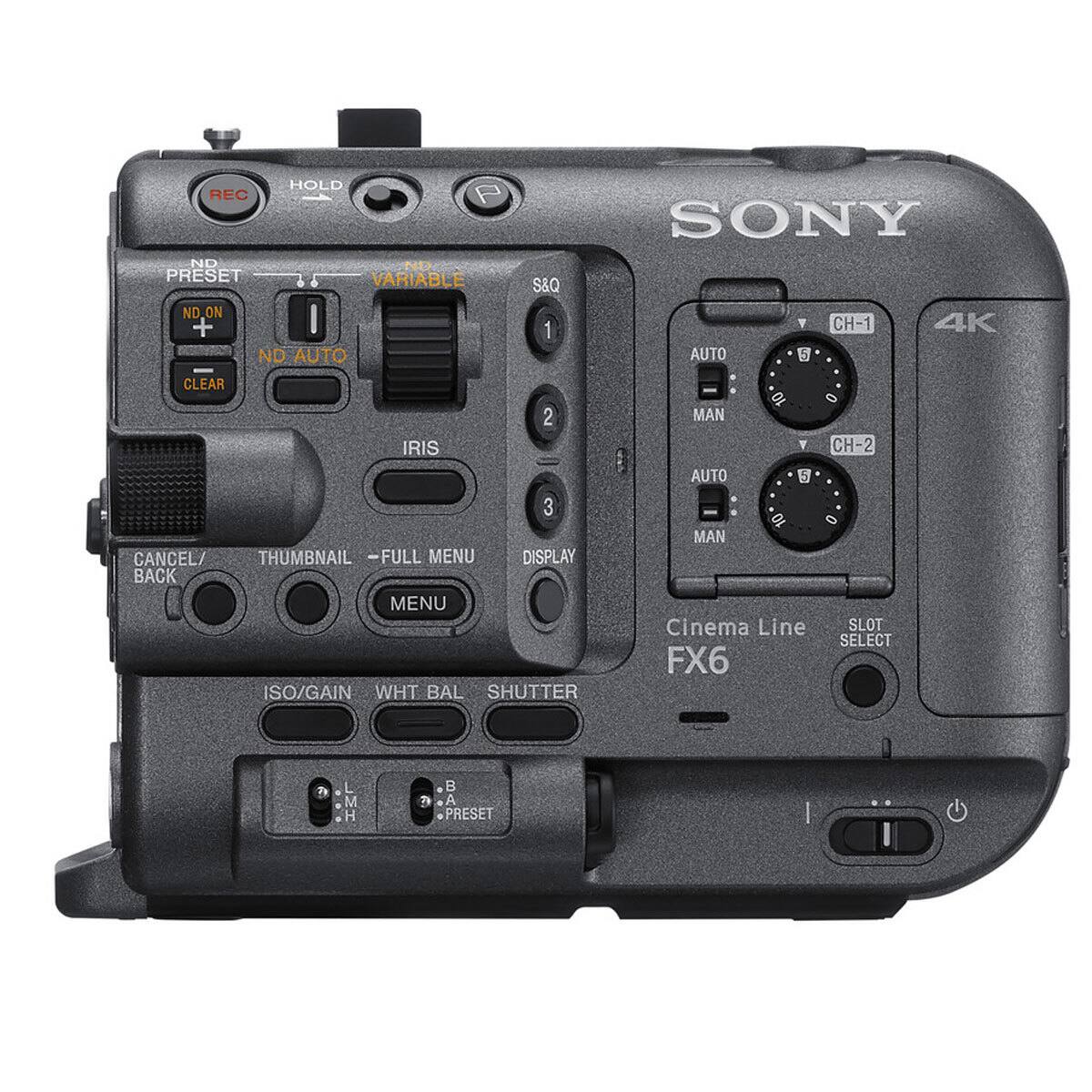 REC HOLD
ND PRESET
ND VARIABLE
S&Q
SONY
ND ON +
ND AUTO
1
AUTO
CH-1
4K
CLEAR
CANCEL/ BACK
2 IRIS 3 THUMBNAIL - FULL MENU DISPLAY MENU ISO/GAIN WHT BAL SHUTTER
MAN V CH-2 AUTO 5 MAN Cinema Line SLOT SELECT FX6
L A PRESET