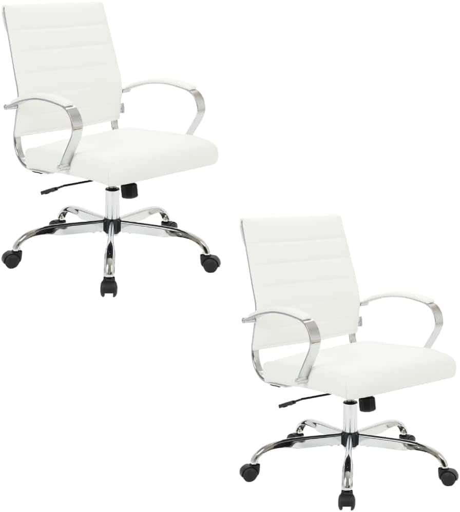 Front. LeisureMod - Set of 2 - Benmar Modern Leather Office Desk Chair with Ribbed Seat and Steel Frame Computer Chair - White.