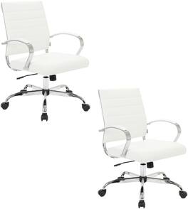 LeisureMod - Set of 2 - Benmar Modern Leather Office Desk Chair with Ribbed Seat and Steel Frame Computer Chair - White