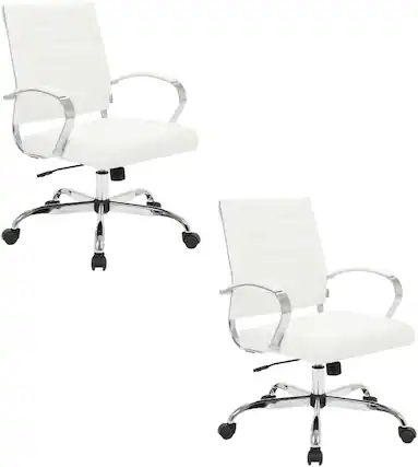 Front. LeisureMod - Set of 2 - Benmar Modern Leather Office Desk Chair with Ribbed Seat and Steel Frame Computer Chair - White.