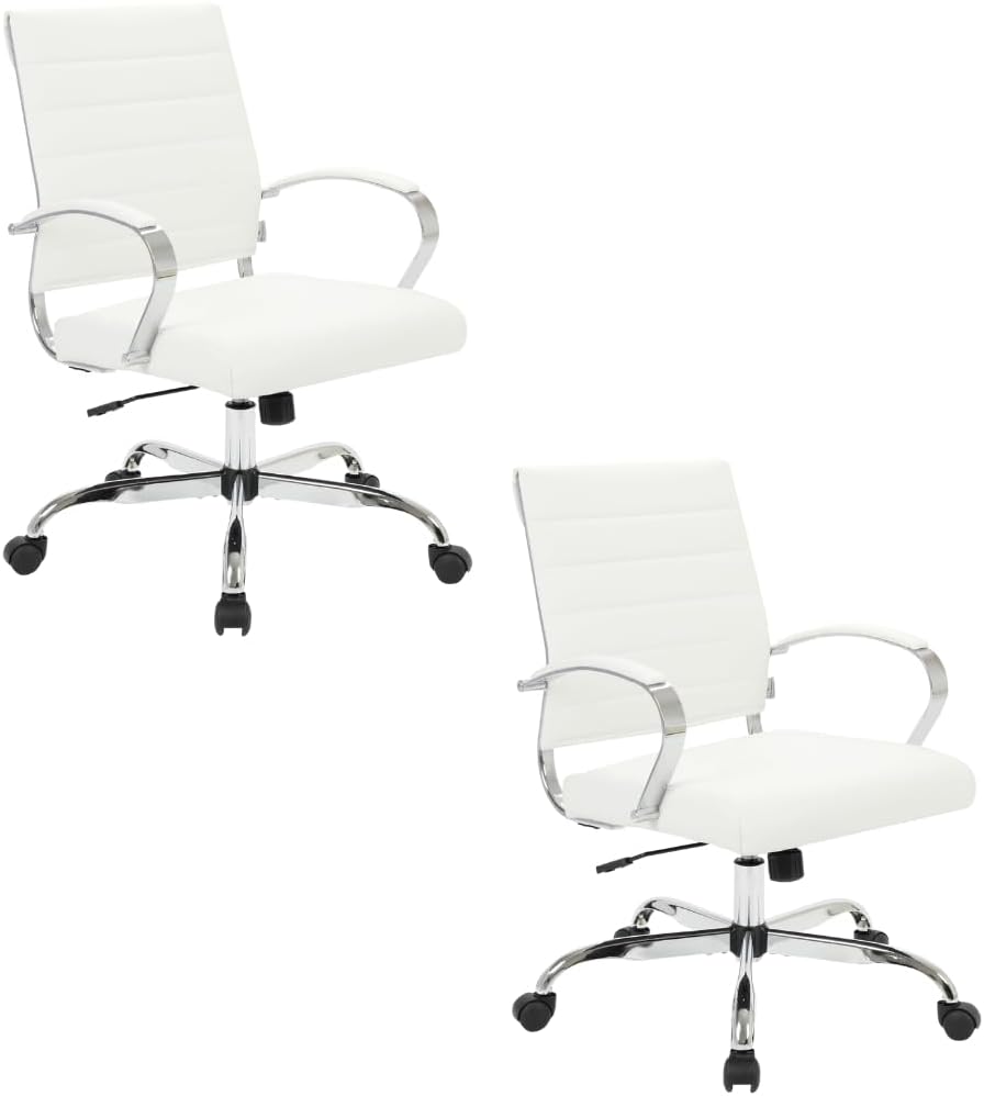Front. LeisureMod - Set of 2 - Benmar Modern Leather Office Desk Chair with Ribbed Seat and Steel Frame Computer Chair - White.