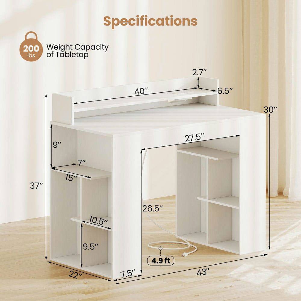 Specifications  
Weight Capacity of Tabletop: 200 lbs  
Dimensions:  
- 40" (width)  
- 30" (depth)  
- 27.5" (height)  
- 2.7" (thickness of tabletop)  
- 6.5" (depth of shelf)  
- 9" (height of side panel)  
- 7" (height of shelf)  
- 15" (depth of shelf)  
- 10.5" (height of shelf)  
- 9.5" (height of shelf)  
- 7.5" (height of shelf)  
- 22" (width of bottom shelf)  
- 4.9 ft (overall height)  
- 43" (width of bottom shelf)