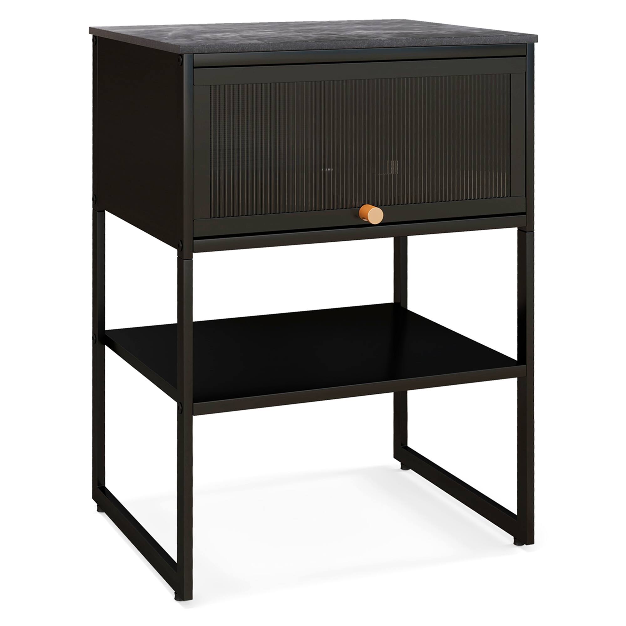 Alt View 6. Costway - 1 PCS Home Nightstand 3-Tier Storage Table with Door Open Shelf Heavy-duty Metal Frame - Black.