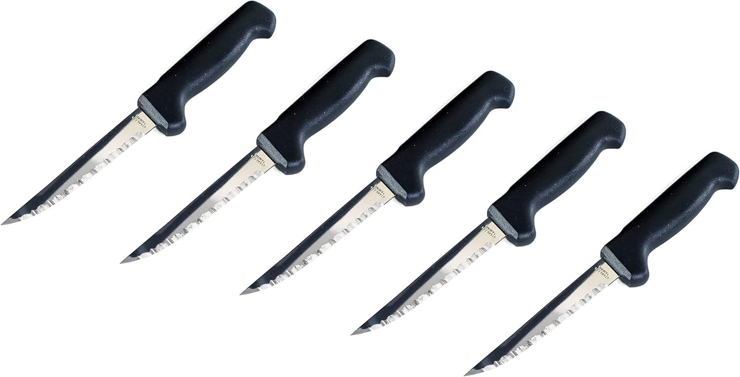 Front. Kitchen + Home - Steak Knives - Stainless Steel Serrated Steak Knife - 6 Pack - black.