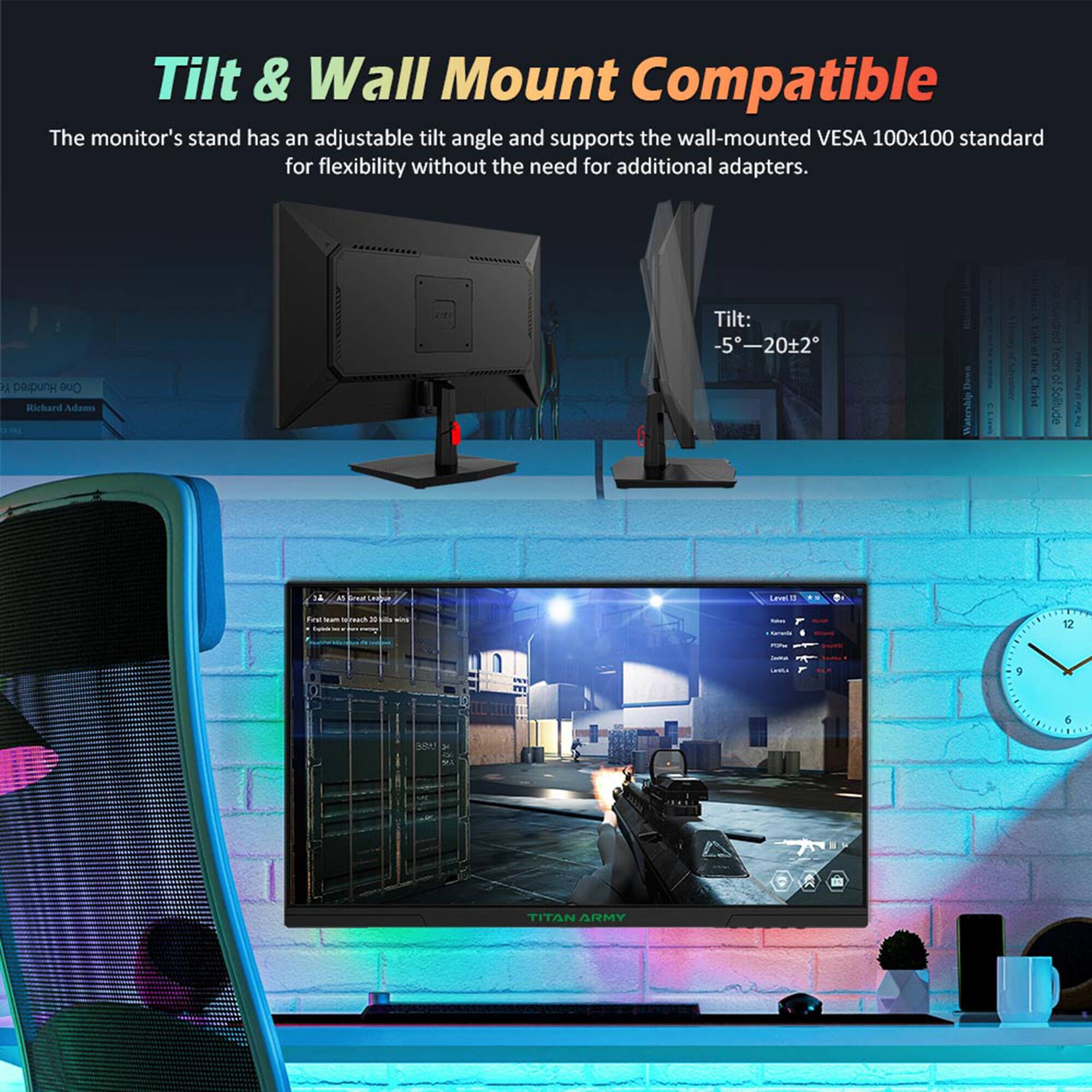 Tilt & Wall Mount Compatible: The monitor's stand has an adjustable tilt angle and supports the wall-mounted VESA 100x100 standard for flexibility without the need for additional adapters.
