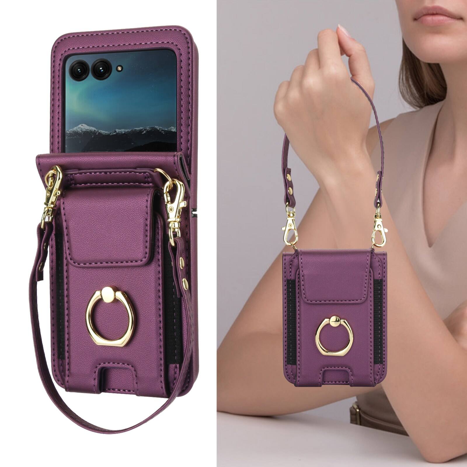 Alt View 1. Dteck - For Motorola Razr Ultra (2025) Shockproof Leather Ring Kickstand Protective Wallet Case with Shoulder Strap / Lanyard - Darkpurple.