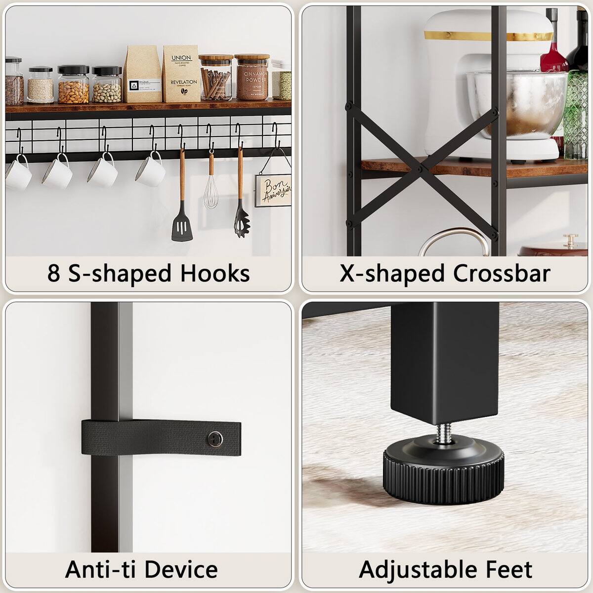 UNION A REVILATION de CINNAM SOW- Aaingar Bon  
8 S-shaped Hooks  
X-shaped Crossbar  
Anti-ti Device  
Adjustable Feet